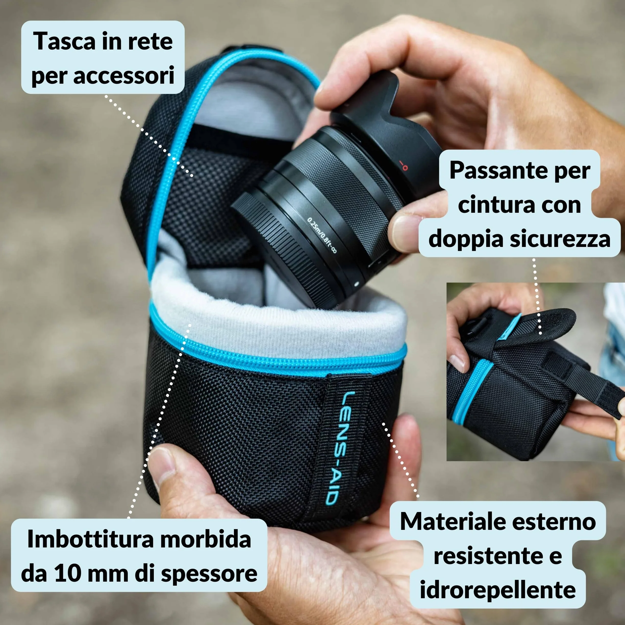 LENS-AID Custodia Obiettivo Imbottita con Zip – Borsa Protettiva, Protezione Totale per Obiettivi DSLR e Mirrorless, Nero, XL (11 x 25 cm)