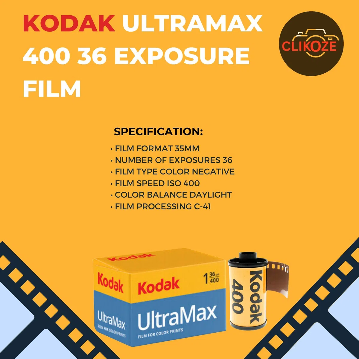 La confezione include una fotocamera a pellicola Kodak Ultra F9 gialla, una pellicola Kodak Ultramax da 35 mm, 36 esposizioni e una scheda di suggerimenti per la fotografia con pellicola Clikoze