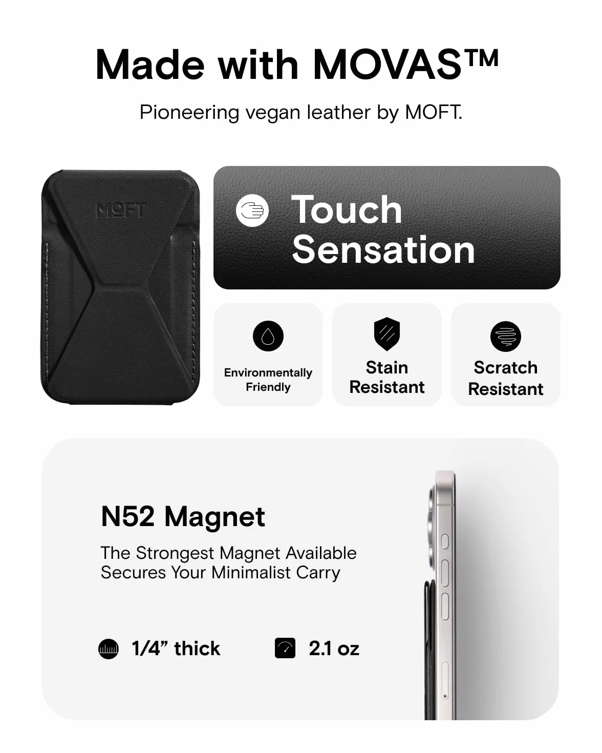 MOFT MagSafe Portafoglio Supporto per iPhone Serie 16/15/14/13 Compatibile con MagSafe, MOVAS Pelle Vegana Supporto Magnetico per Telefono con 3 Angoli di Visione, 2 Porta Carte (Nero Jet)