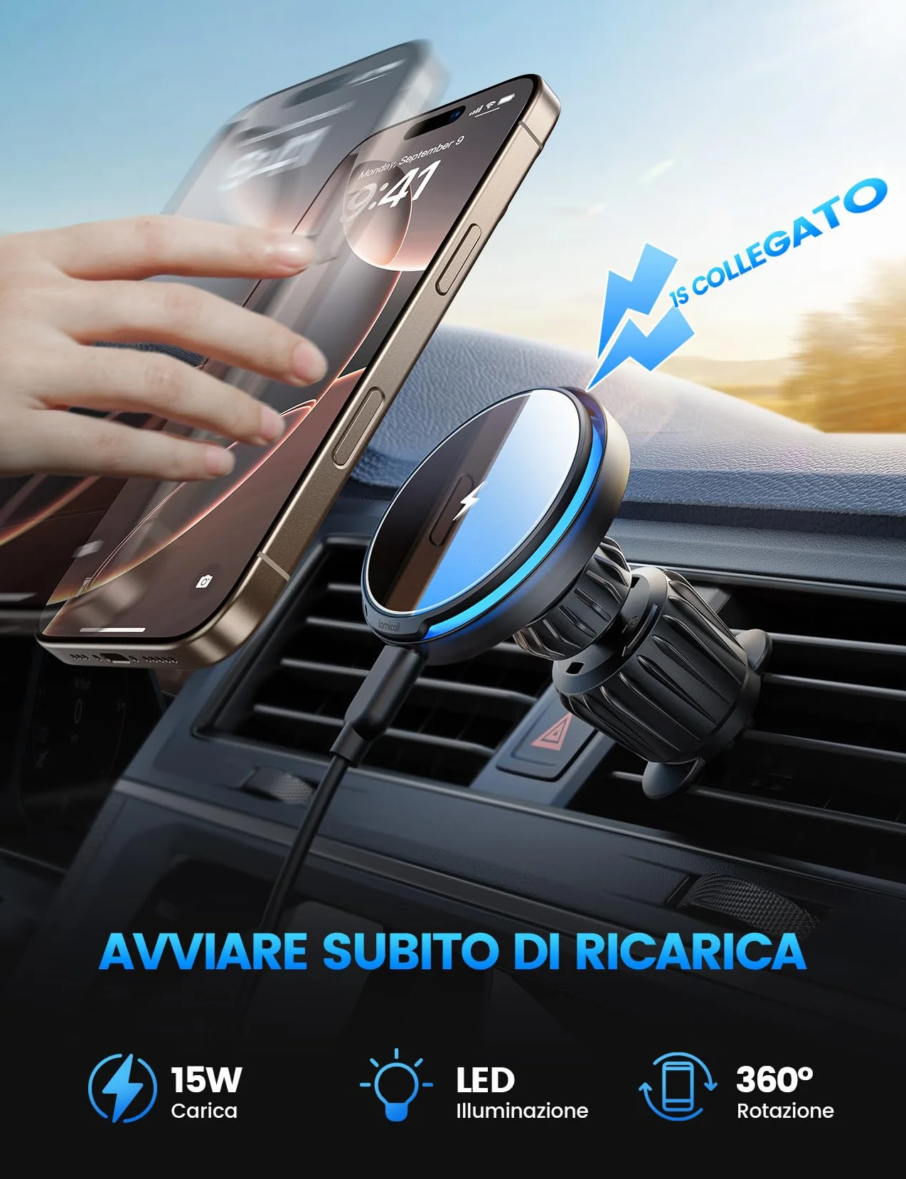 Lamicall 15W Caricatore Wireless Auto per MagSafe - [Ultra Magnete] Porta Cellulare Auto per Magsafe con Gancio Metallo, per Griglia di Aerazione, Ricarica Rapida Wireless per iPhone 17 16 15 14 13 12