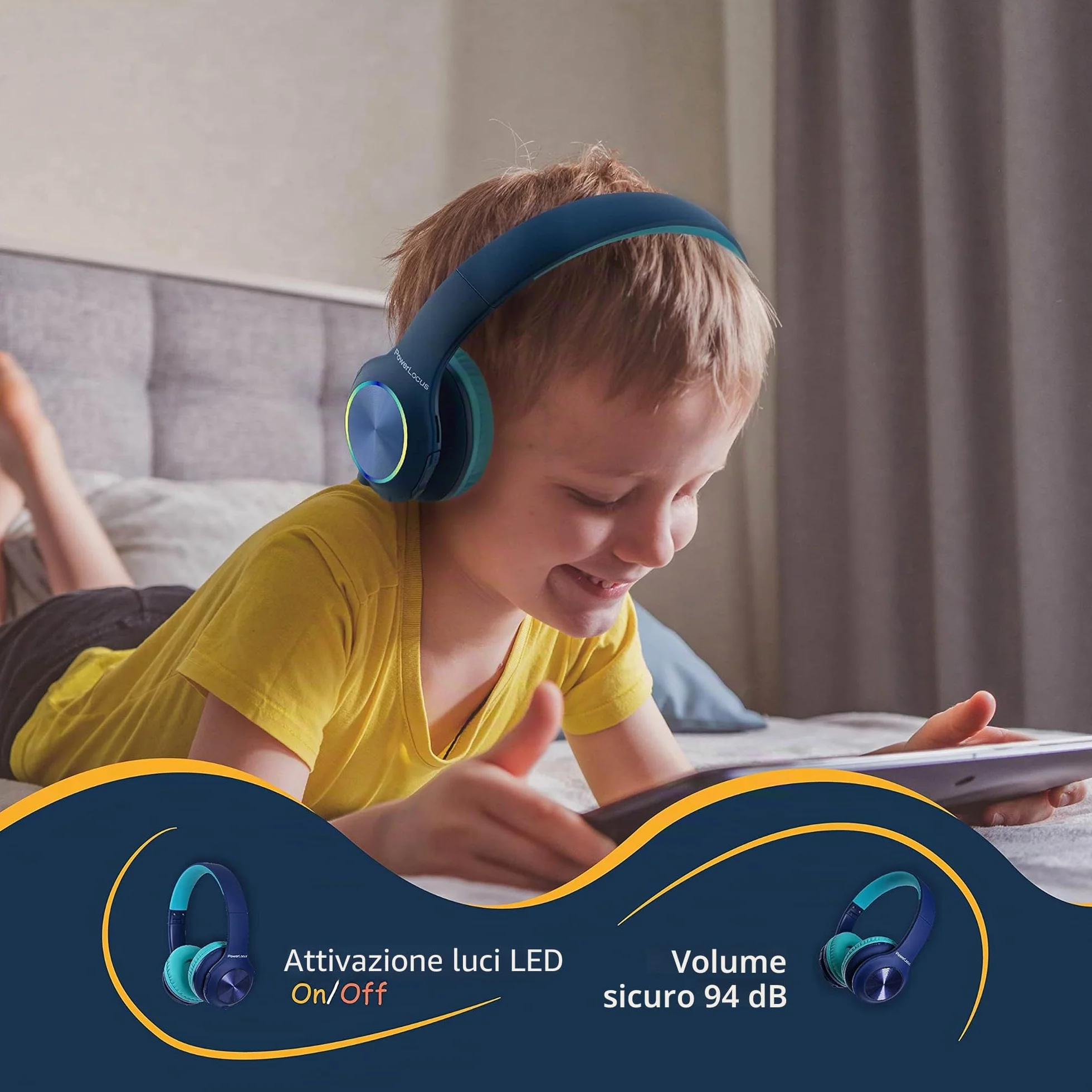 PowerLocus Cuffie Bluetooth pieghevoli senza fili per bambini con luci LED, HD Stereo, USB-C Ricarica Rapida, Micro integrato, SD Modalità e cablata per iPhone/Tablet/TV