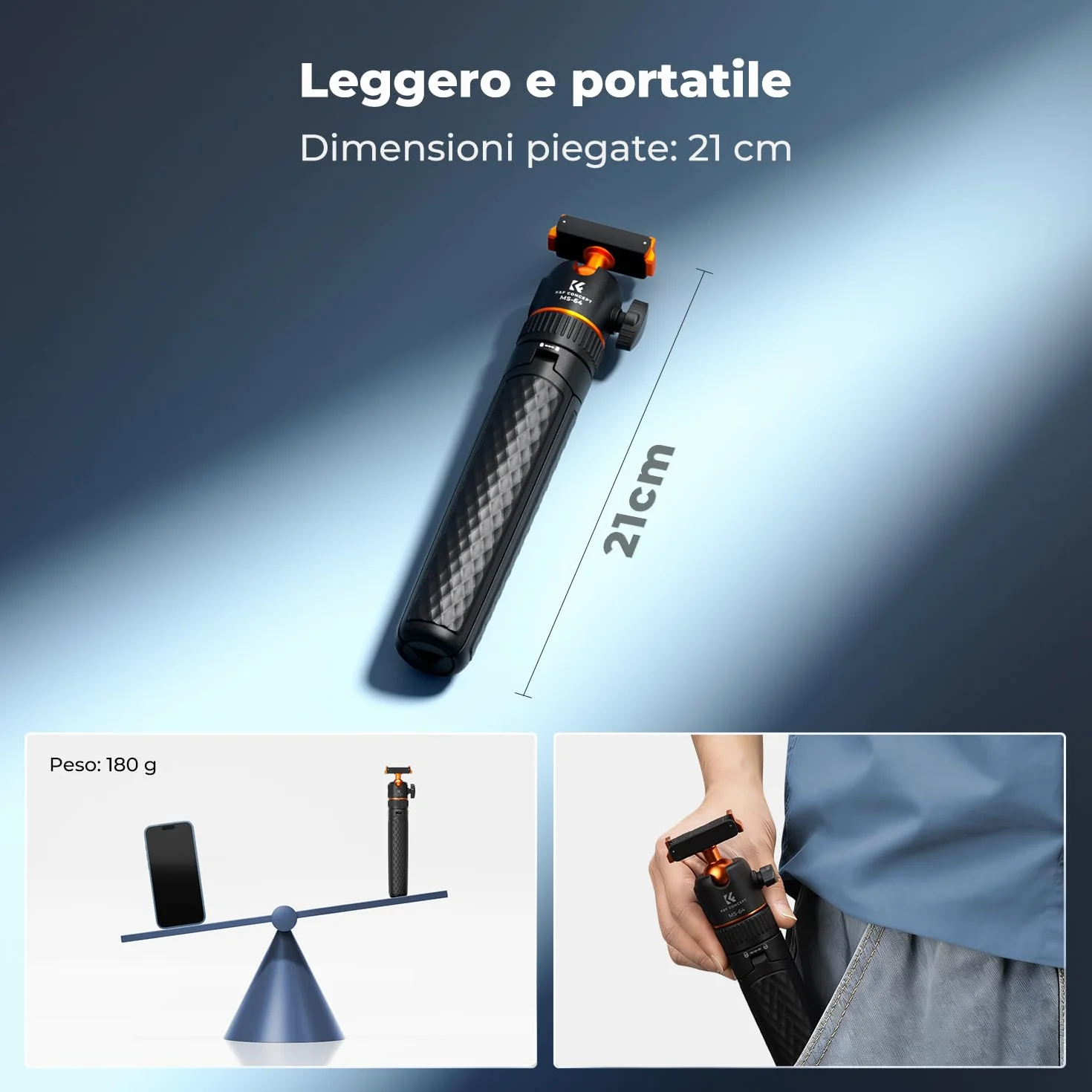 K&F CONCEPT Treppiede Bastone Selfie 65 cm Compatibile con DJI Osmo Nano/Action 6, Monopiede Estraibile, Chiusura Magnetica, Testa Sferica 360°, Supporto per Vlogging