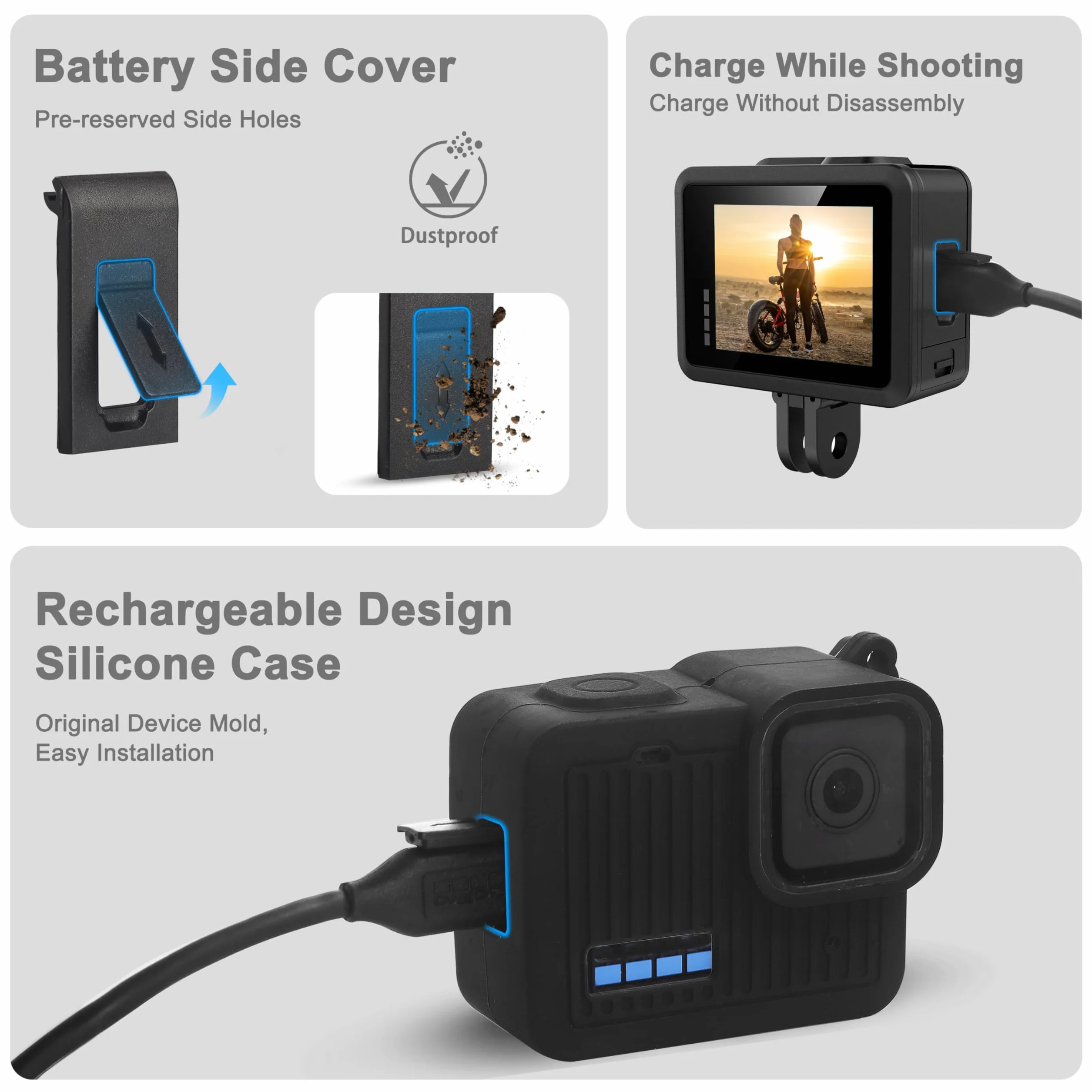 FiTSTILL Custodia in poliuretano con custodia in silicone con protezione in gomma per GoPro Hero 4K, sostituisce la copertura laterale della batteria, copriobiettivo, cordino e pellicole protettive