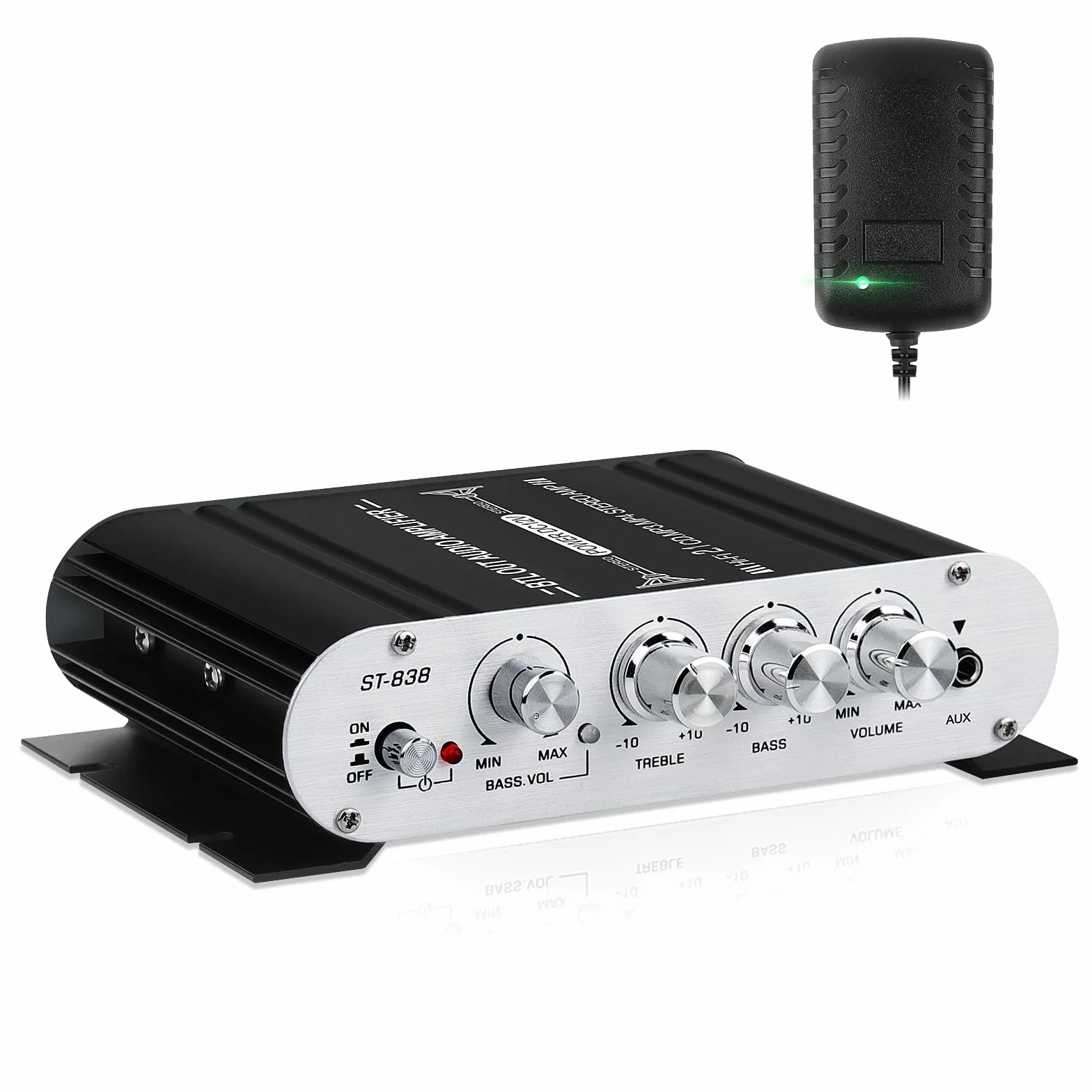 Amplificatore audio HiFi, amplificatore stereo 2.1 CH, RMS 20 Wx2+40 W ST-838 con uscita subwoofer, classe D mini amplificatore digitale con AUX per casa, altoparlante auto, nero (con adattatore di