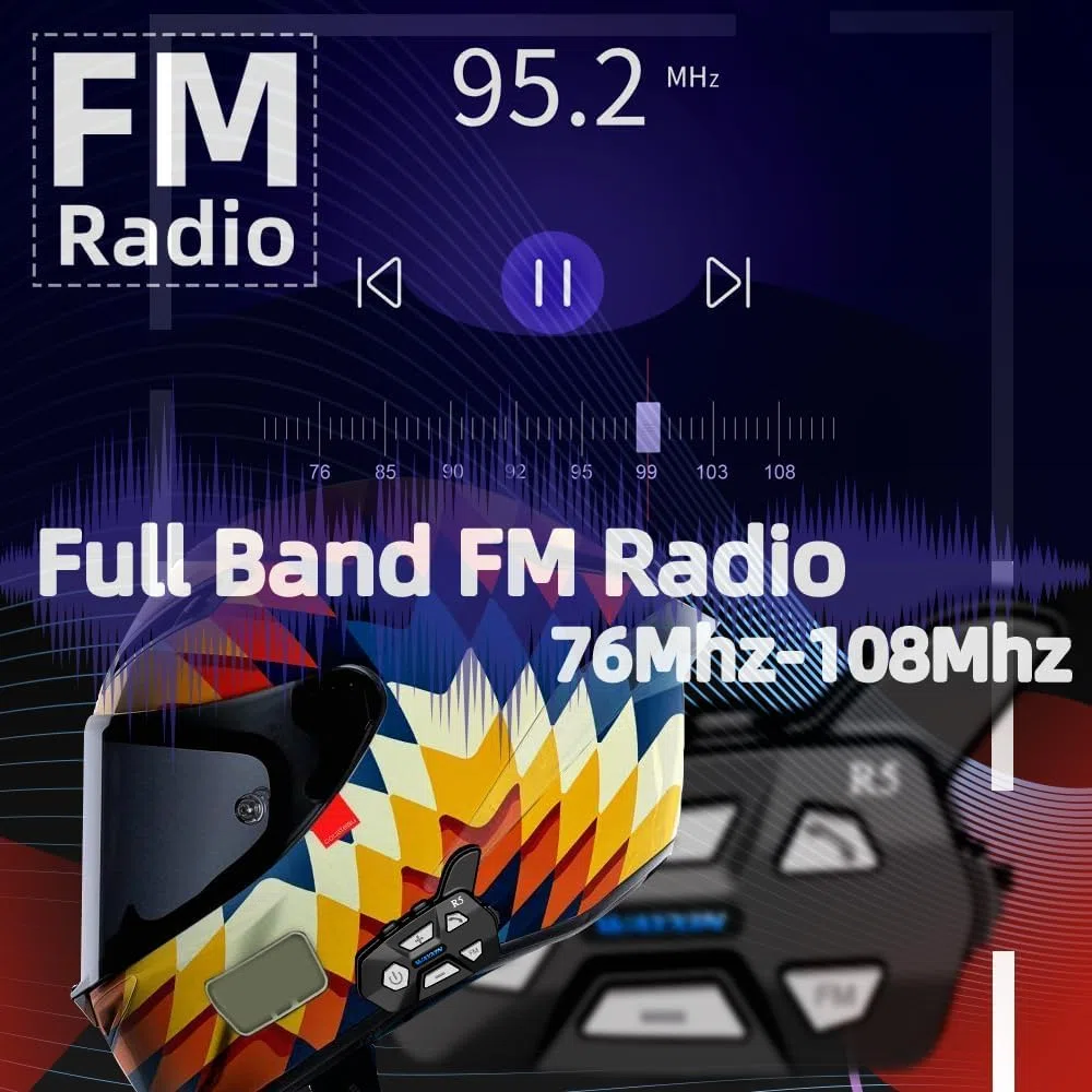 R5 1000m Interfono Moto Bluetooth Coppia Auricolare Bluetooth Casco Moto per 2 Persone,10h Conversazione Continua,Interfono Casco Moto con Radio,Funzione di Chiamata Vocale Siri,Doppio