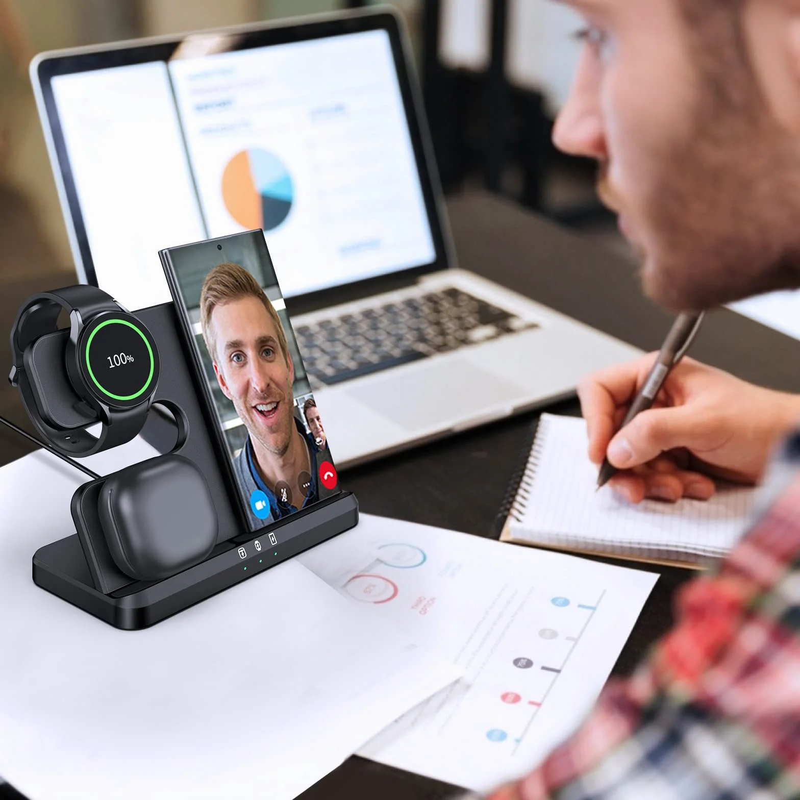 seacosmo Caricabatterie Wireless 3 in 1 per Samsung, Stazione Ricarica Wireless Rapida Charging Station, Caricatore S24/S23/S22/S21 Ultra/Z Flip/Fold 5/4, per Galaxy Watch 8/6/5 Pro & Galaxy Buds