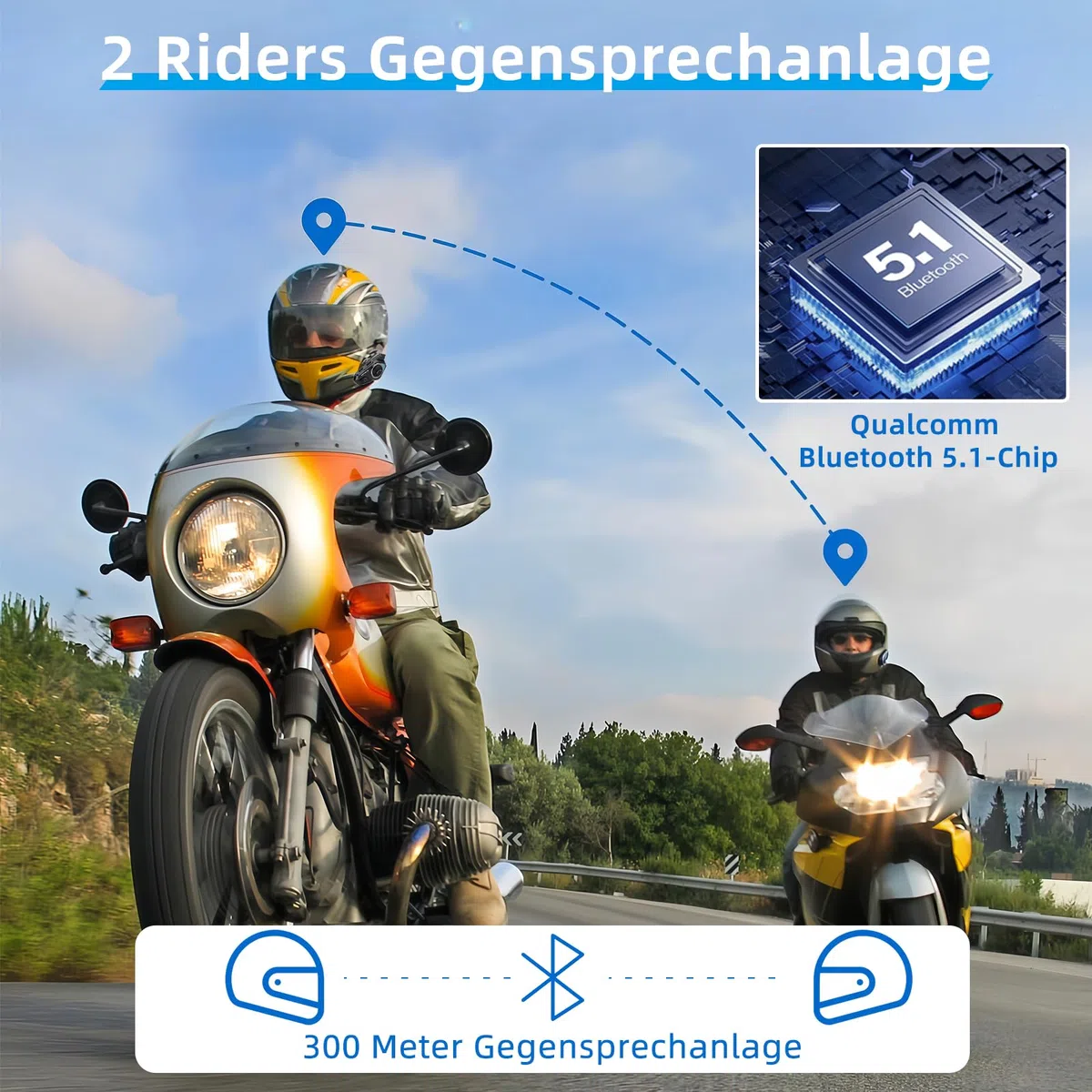 T2 Interfono Moto Auricolare 300M Sistema di Comunicazione con Wireless Bluetooth 5.1 IPX7 Impermeabile Cancellazione del Rumore DSP&CVC HiFi/Voce AI Interphone Casco Moto Auricolare