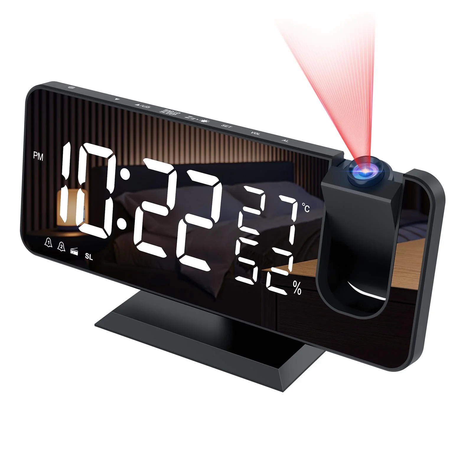 Sveglia Digitale da Comodino con Proiettore, FM Radio, USB Doppi, 3 Livelli Luminosità, Snooze, 15 Livelli Volume, 12/24h