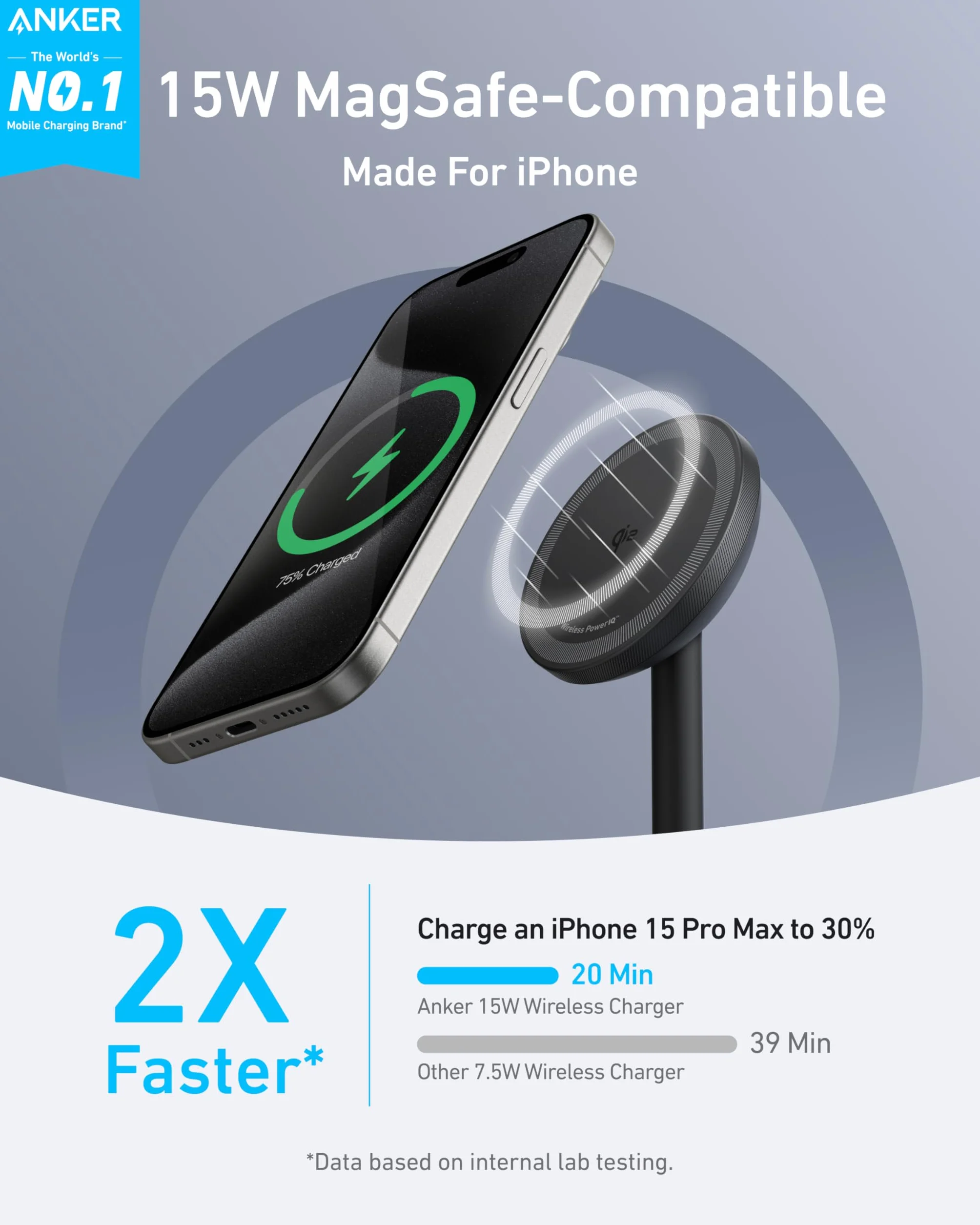 Anker Caricatore Wireless iPhone Stazione di ricarica, Certificato Qi2, Compatibile con MagSafe, Ricarica Rapida da 15W con cavo USB C, Compatibile con iPhone 17 Pro Max/Serie 16-12, AirPods(Nero)