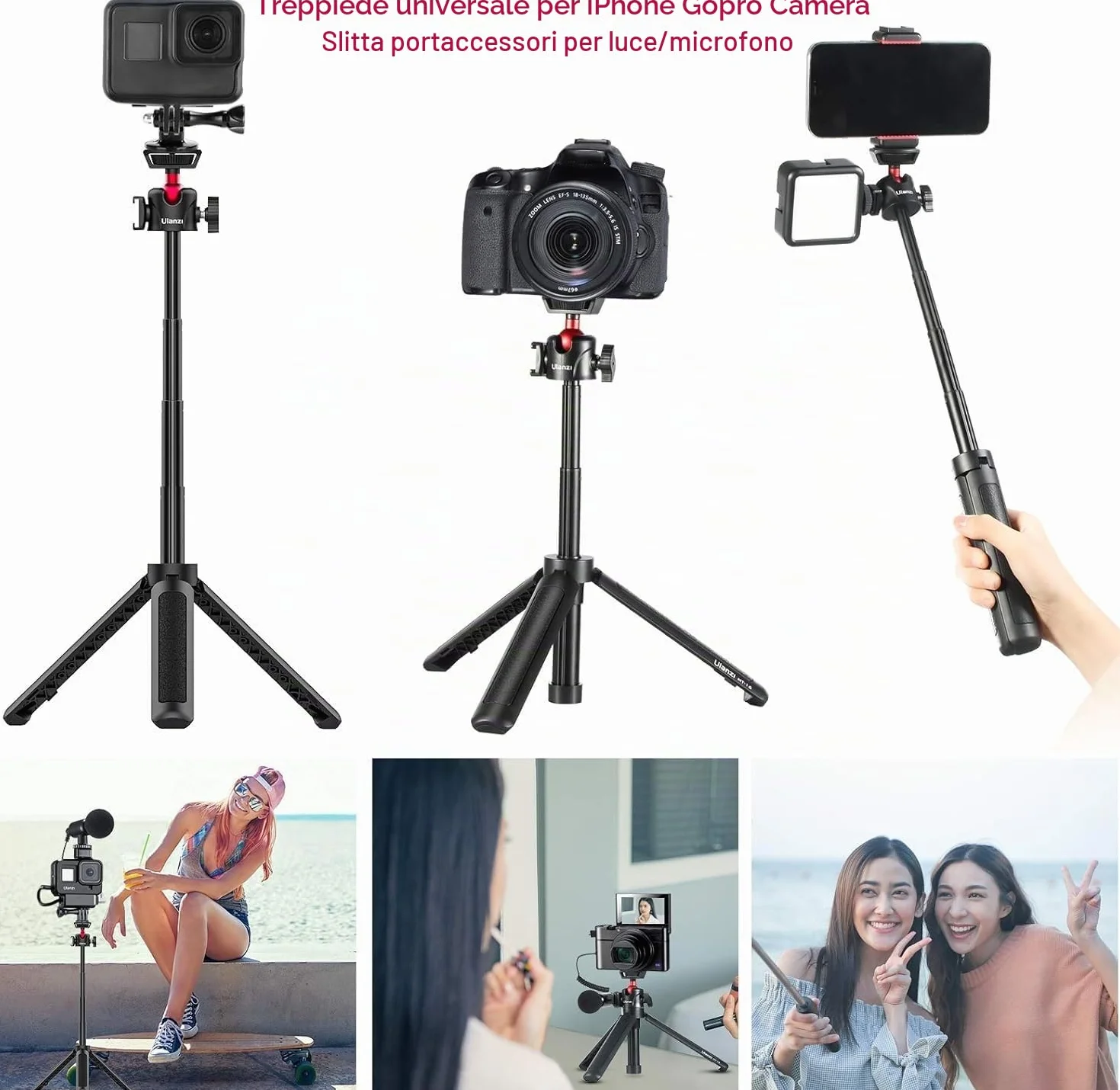 ULANZI MT-16 Vlogging Treppiede con testa a sfera a 360° 1/4 vite Cold Shoe Mount, Mini Tripod estensibile da 22 cm a 44 cm, piccola fotocamera Tripod per DLSR Canon Nikon Sony fotocamera Smartphone