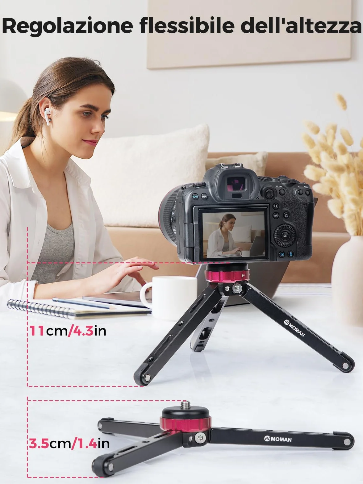Moman Mini Treppiedi, TR01 Tavolo Treppiedi Piccolocon Attacco a Vite 1/4 e 3/8 Mirrorless con Carico Massimo di 80 kg Alluminio CNC per Fotocamera Camere Reflex Smartphone DSLR, Nero Rosso