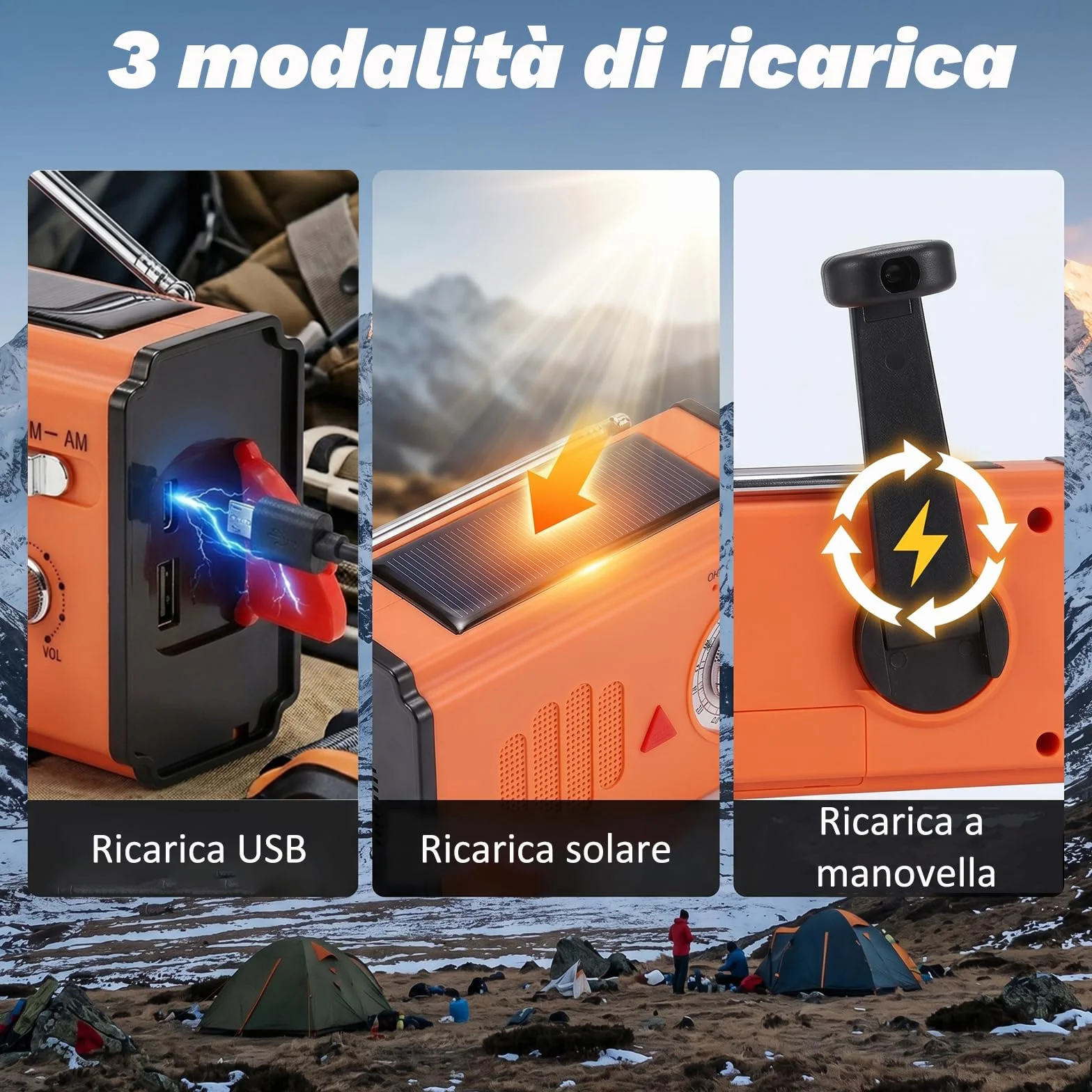 Radio a Manovella di Emergenza con Power Bank 4000mAh, Radio Solare Portatile AM/FM/WB, Torcia LED e Allarme SOS per Campeggio