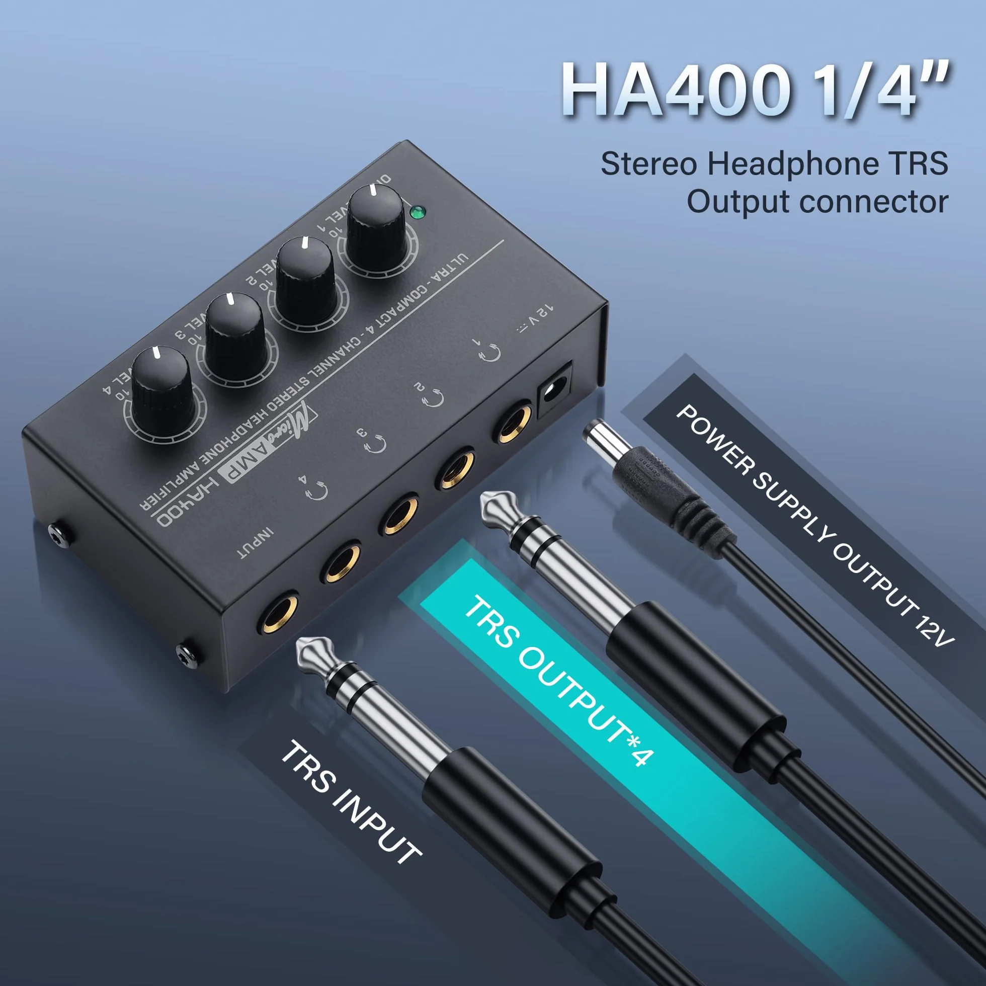 SinLoon HA400 Amplificatore per Cuffie Stereo a 4 canali, Mini Splitter Audio in Metallo con Controllo del Volume Indipendente, Uscita e Ingresso TRS da 1/4", con Adattatore 12V per Studio,
