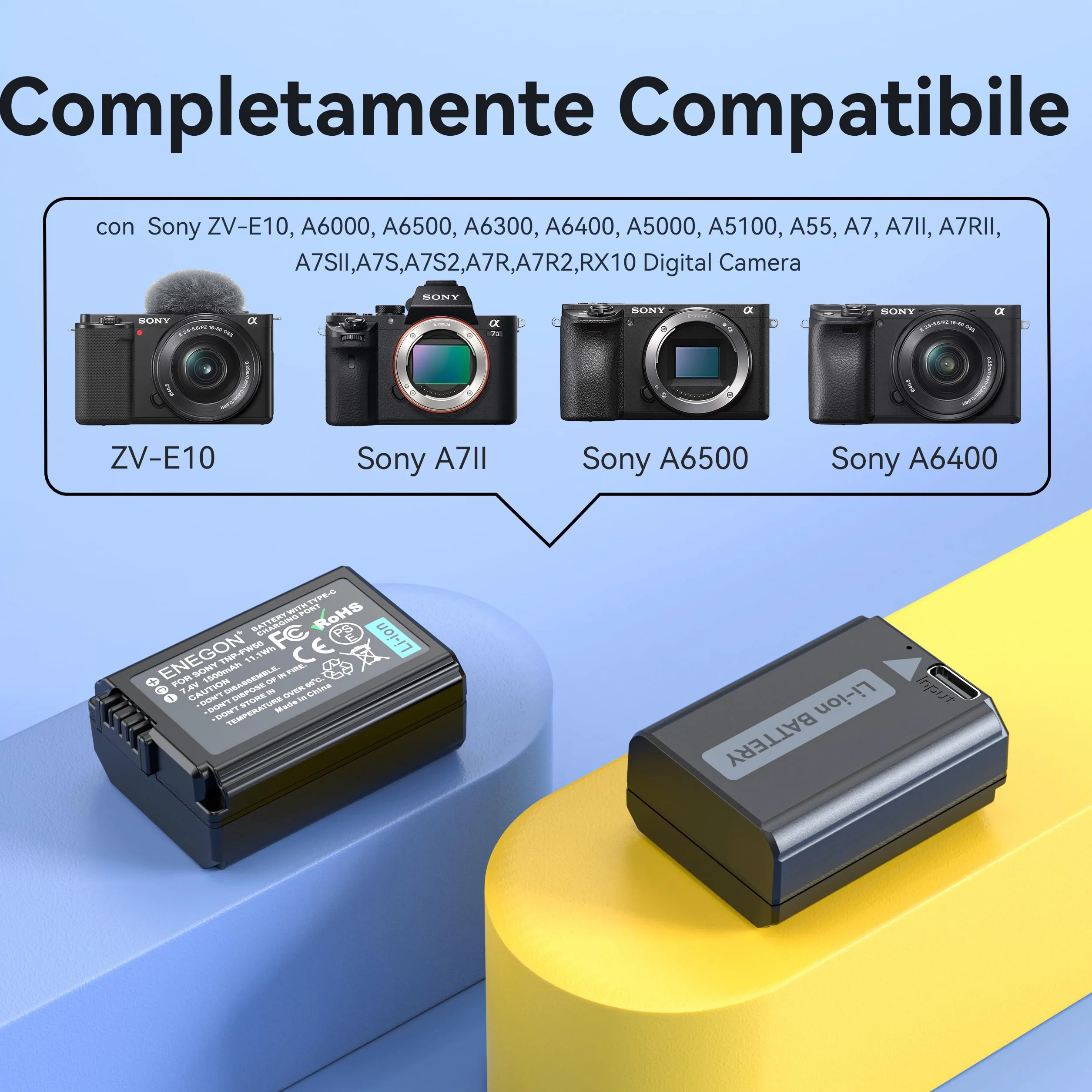 ENEGON NP-FW50 Batteria di ricambio USB-C a carica diretta 1500 mAh,compatibile con Sony ZV-E10 NEX 3/5/7 e SLT-A, Sony A7, A7SII, A7R, A7RII, A3000, A6000, A6500, A6300, A55, A51