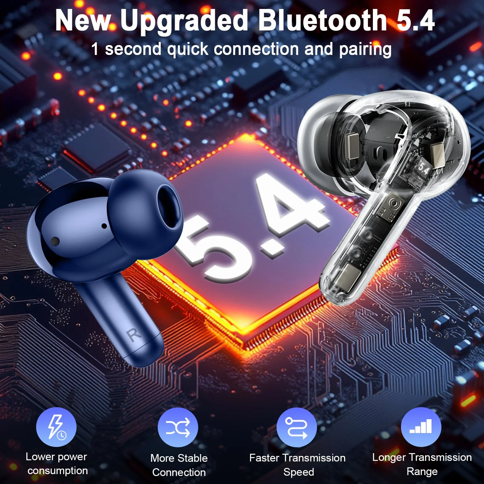 Cuffie Bluetooth, Auricolari Bluetooth 5.4 con 3D Hi-Fi Stereo, Cuffie Wireless con 4 ENC Cancellazione Rumore Mic, Cuffiette Bluetooth 36H LED Display, IP7 Impermeabili/USB-C/Touch Control, Blu Scuro