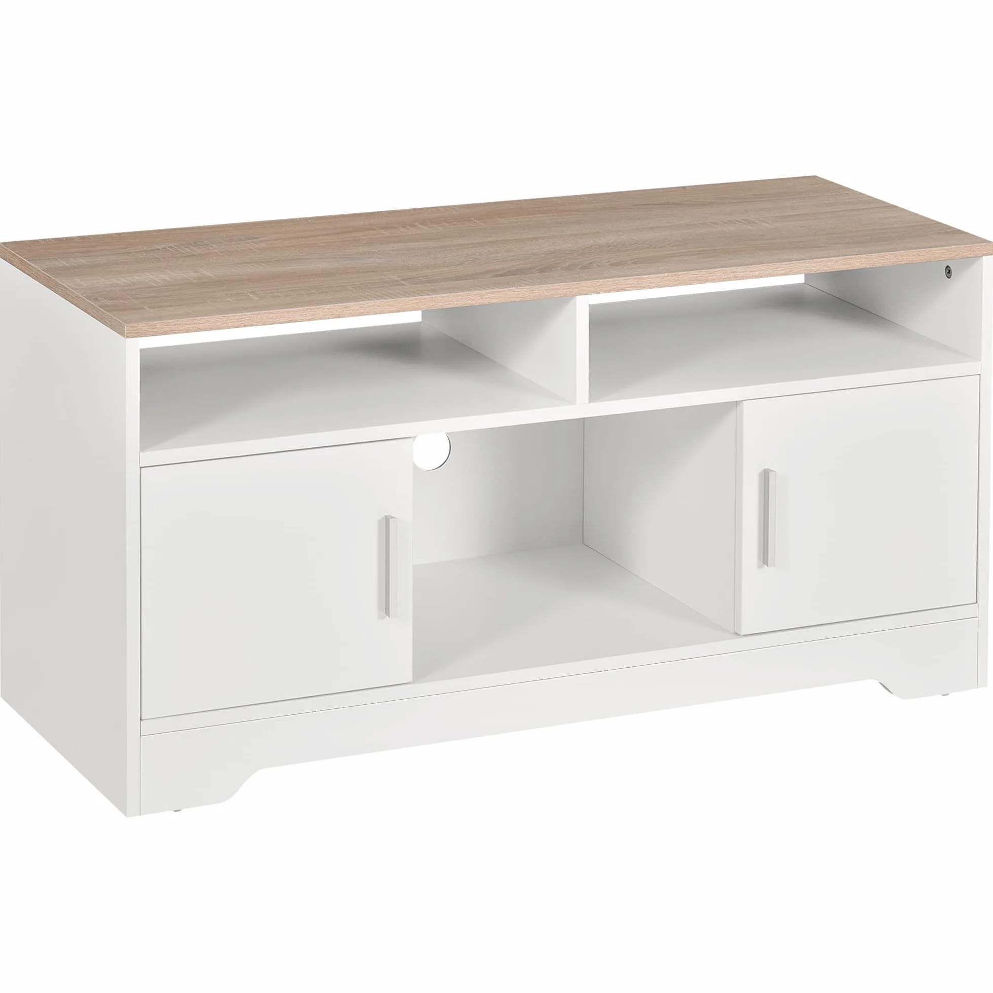 HOMCOM Mobile TV con 3 Scomparti Aperti, 2 Armadietti e Piano d'Appoggio, Mobile per TV fino a 50" in Truciolato, 105x40x52cm, Bianco e Legno