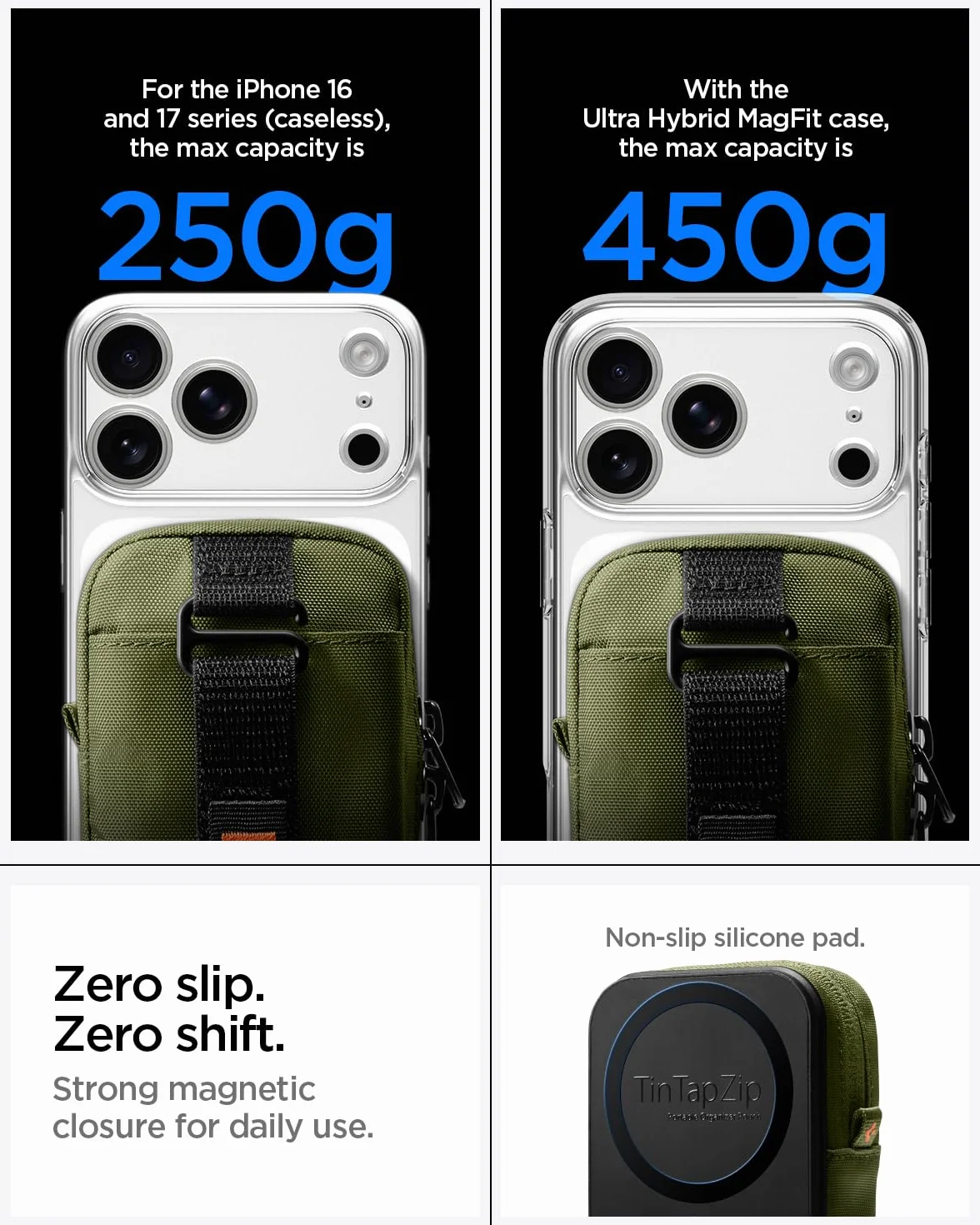 Spigen TinTap Zip MagFit Portafoglio MagSafe con Mini Pochette Blocco RFID Wallet Magnetico Portacarte Compatibile con iPhone 17/16-12, AirPods Pro 3-1 e AirPods 4-1, Accessori MagSafe - Verde Oliva