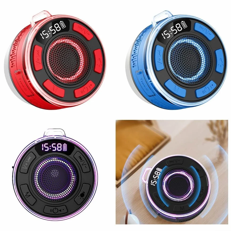 Altoparlante impermeabile IPX7 per doccia suono surround 360° luci RGB radio FM ventosa rimovibile nero