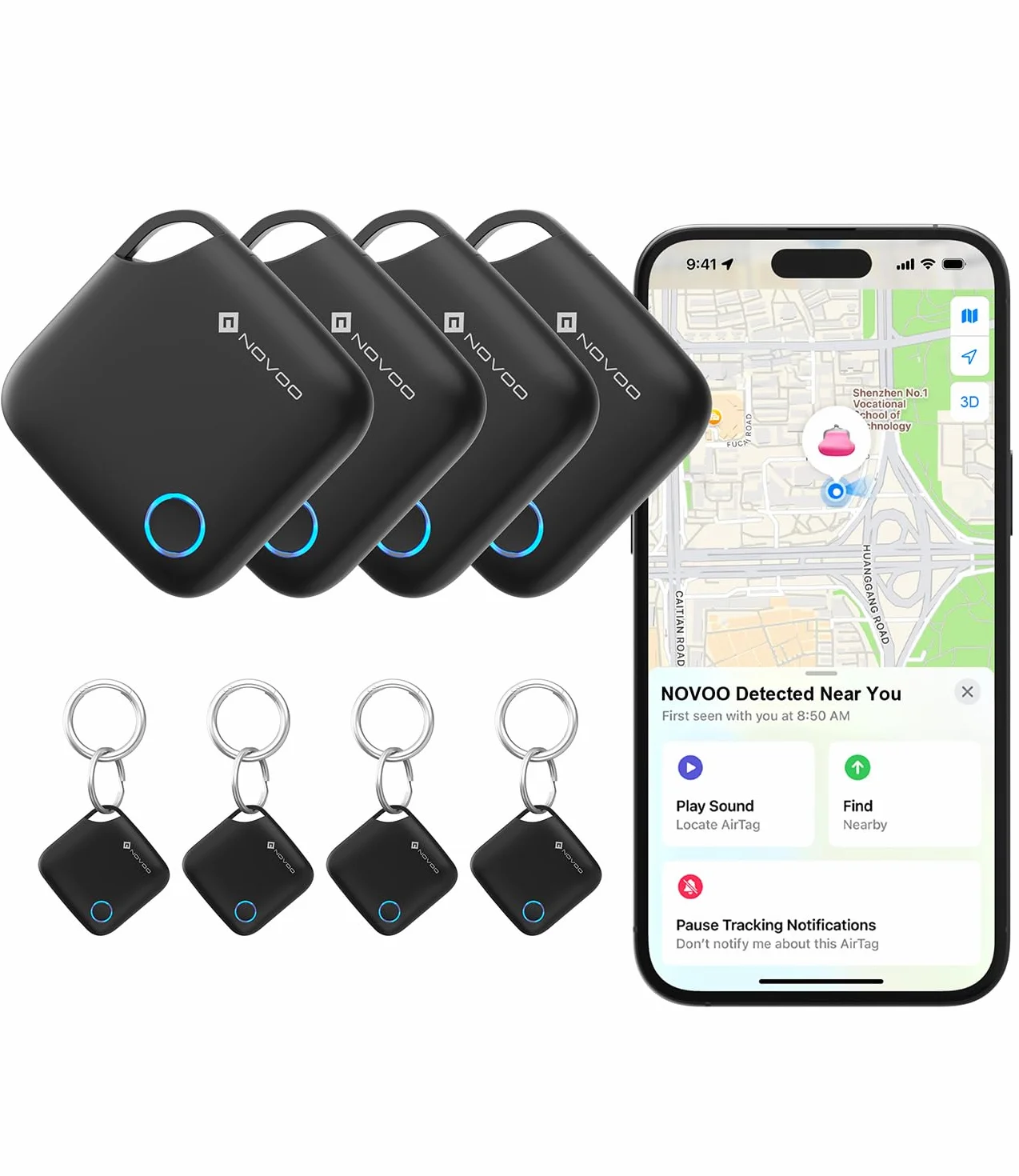 NOVOO Smart Tag Apple Find My Localizzatore Oggetti Allarme 80 dB Batteria Sostituibile Blocco Bambini Tracker Chiavi Portafoglio Bagagli 4 Pezzi