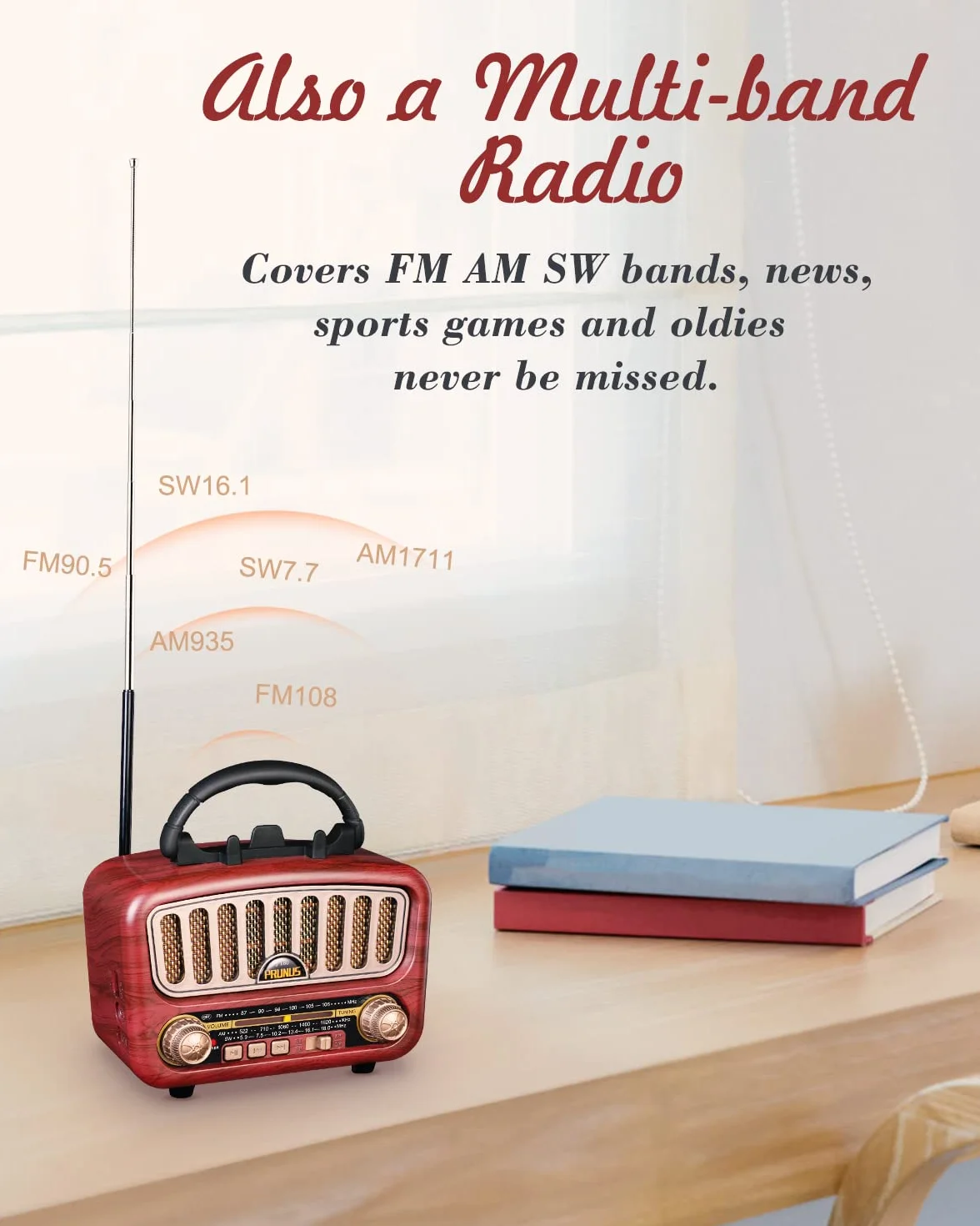 PRUNUS J-180 Radio Portatile FM AM MW SW Bluetooth con Batteria 1800mAh, Supporta TF Card AUX USB