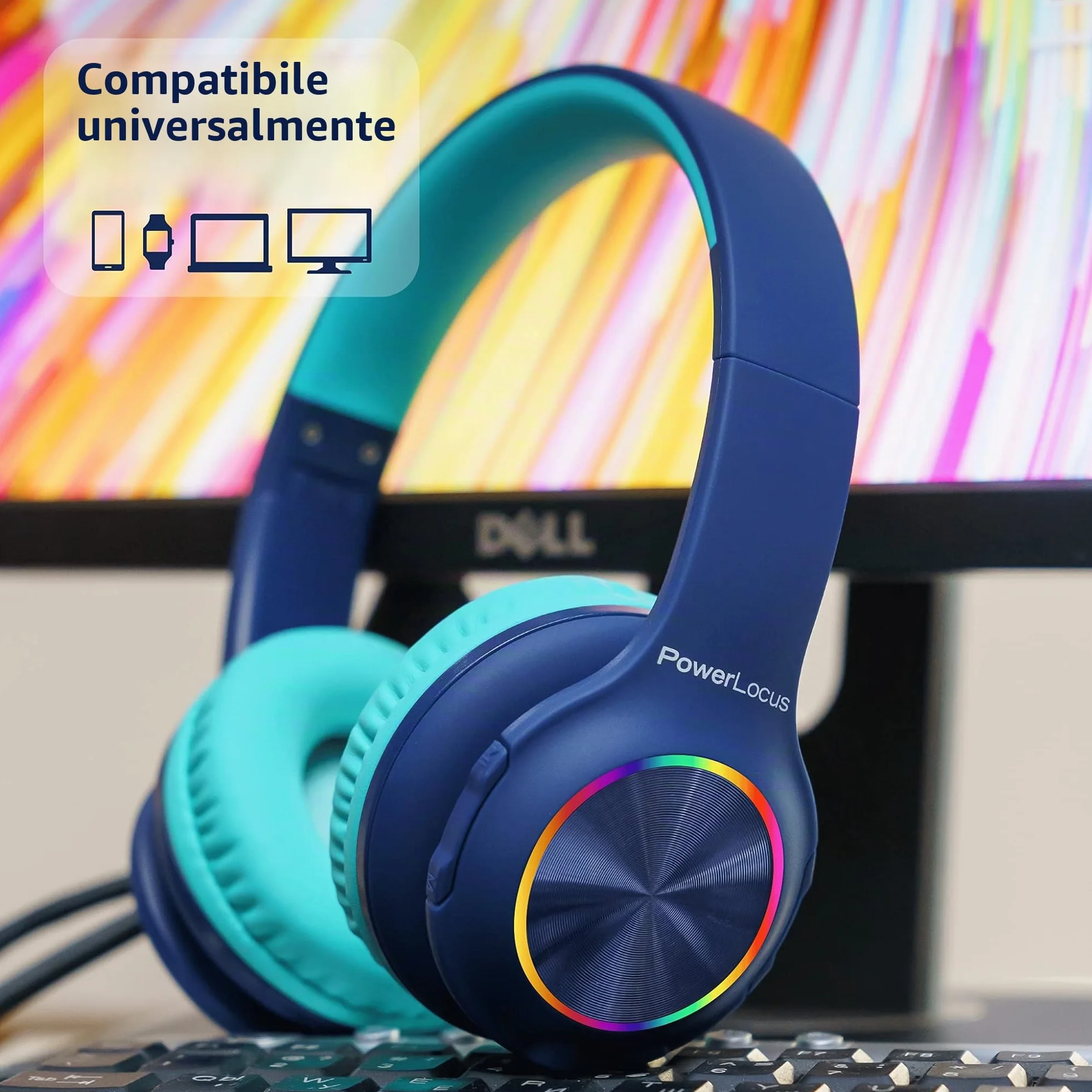 PowerLocus Cuffie Bluetooth pieghevoli senza fili per bambini con luci LED, HD Stereo, USB-C Ricarica Rapida, Micro integrato, SD Modalità e cablata per iPhone/Tablet/TV
