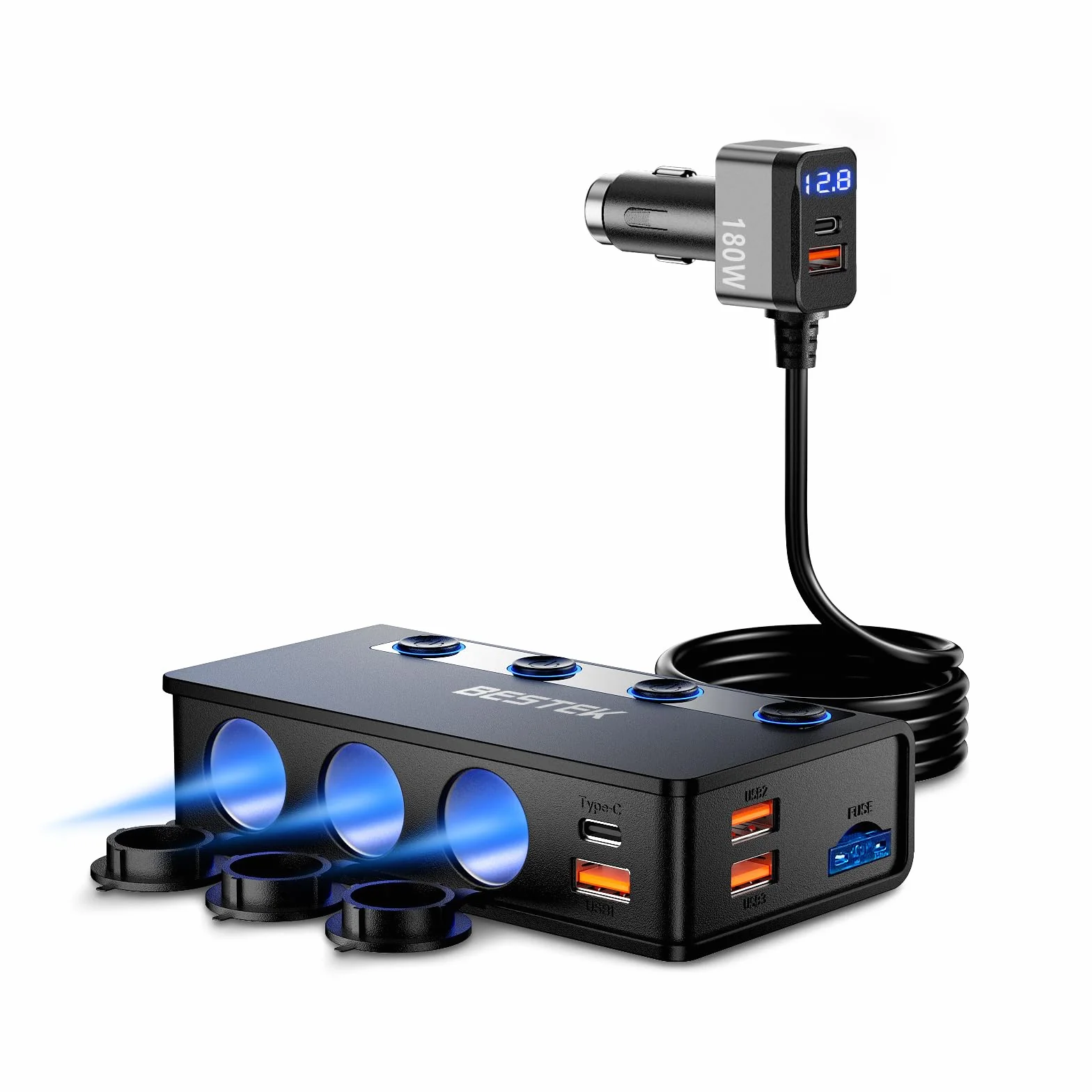 BESTEK Caricabatterie da Auto 180W, Caricatore da Auto USB-C PD USB QC3.0, Adattatore per Accendisigari 12V/24V con 3 Prese & 6 Porte con Display LED per iPhone Dash Cam