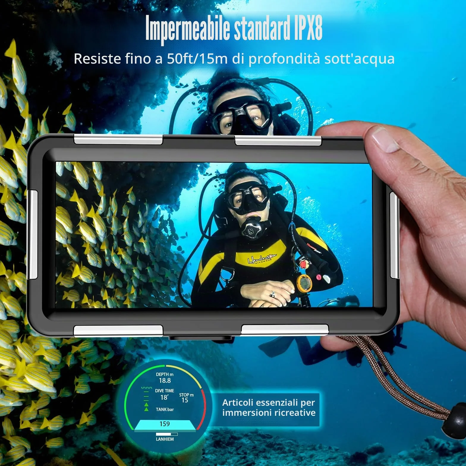Custodia subacquea impermeabile per snorkeling e immersioni per iPhone 16/15/14/13/12/11 Pro Max 15m/50ft Custodia impermeabile professionale per immersioni subacquee Custodia per foto e