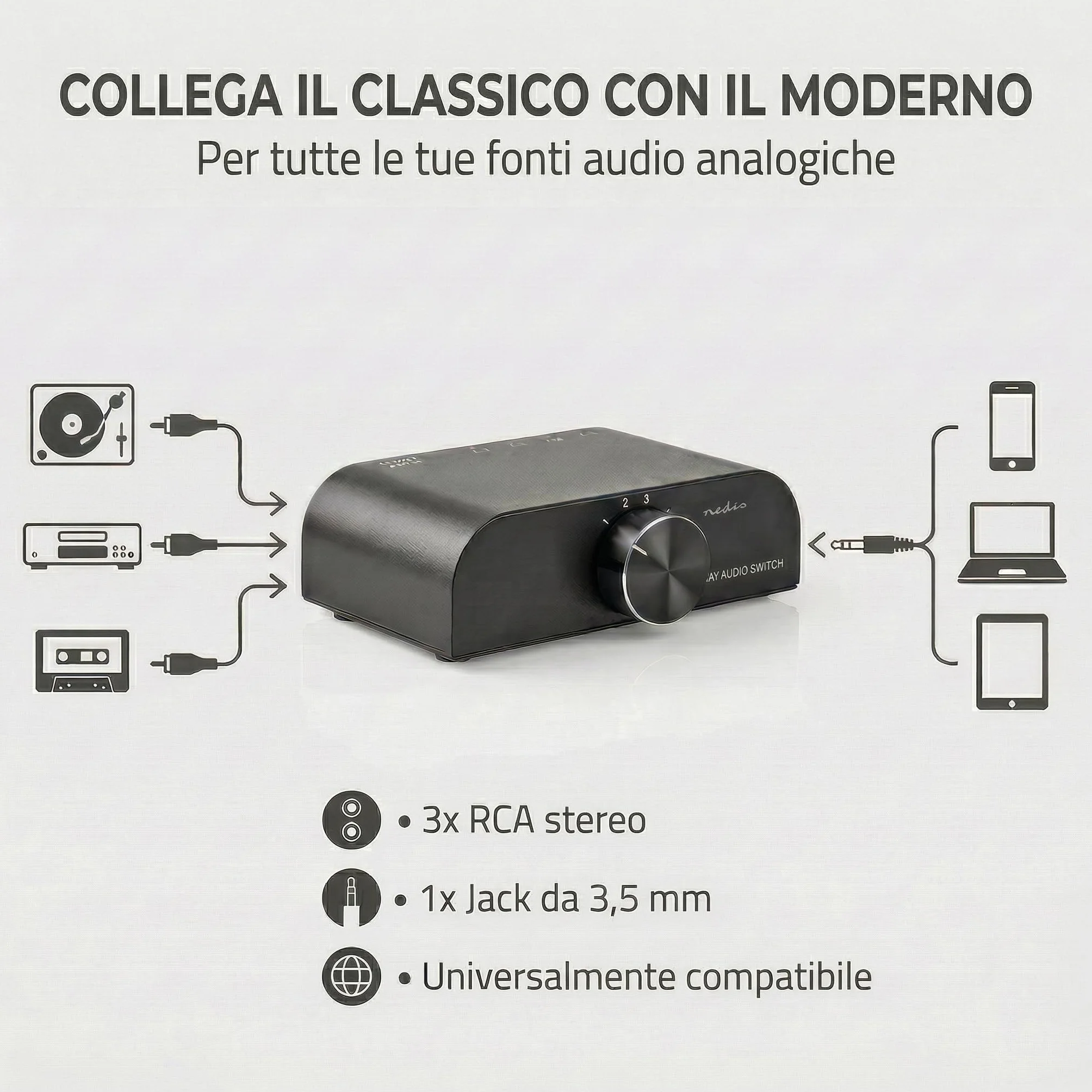 Nedis Interruttore audio analogico | 4 porte porte (s) | Connettori – Ingresso: 1 ingresso audio da 3,5 mm / 3 x (2 x RCA femmina) | Connettori – Uscita: 1 x (2 x RCA femmina) | Manuale | Metallo |
