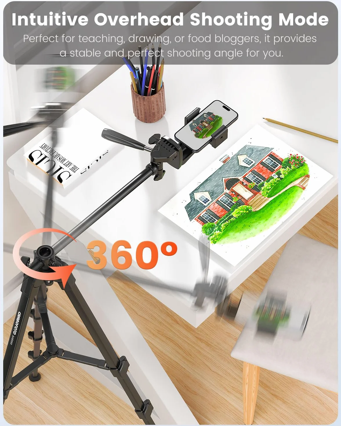 CAMBOFOTO Treppiede orizzontale 185 cm per iPhone/fotocamera, Treppiede overhead per smartphone flessibile, Supporto per telefono per riprese video/Borsa da trasporto