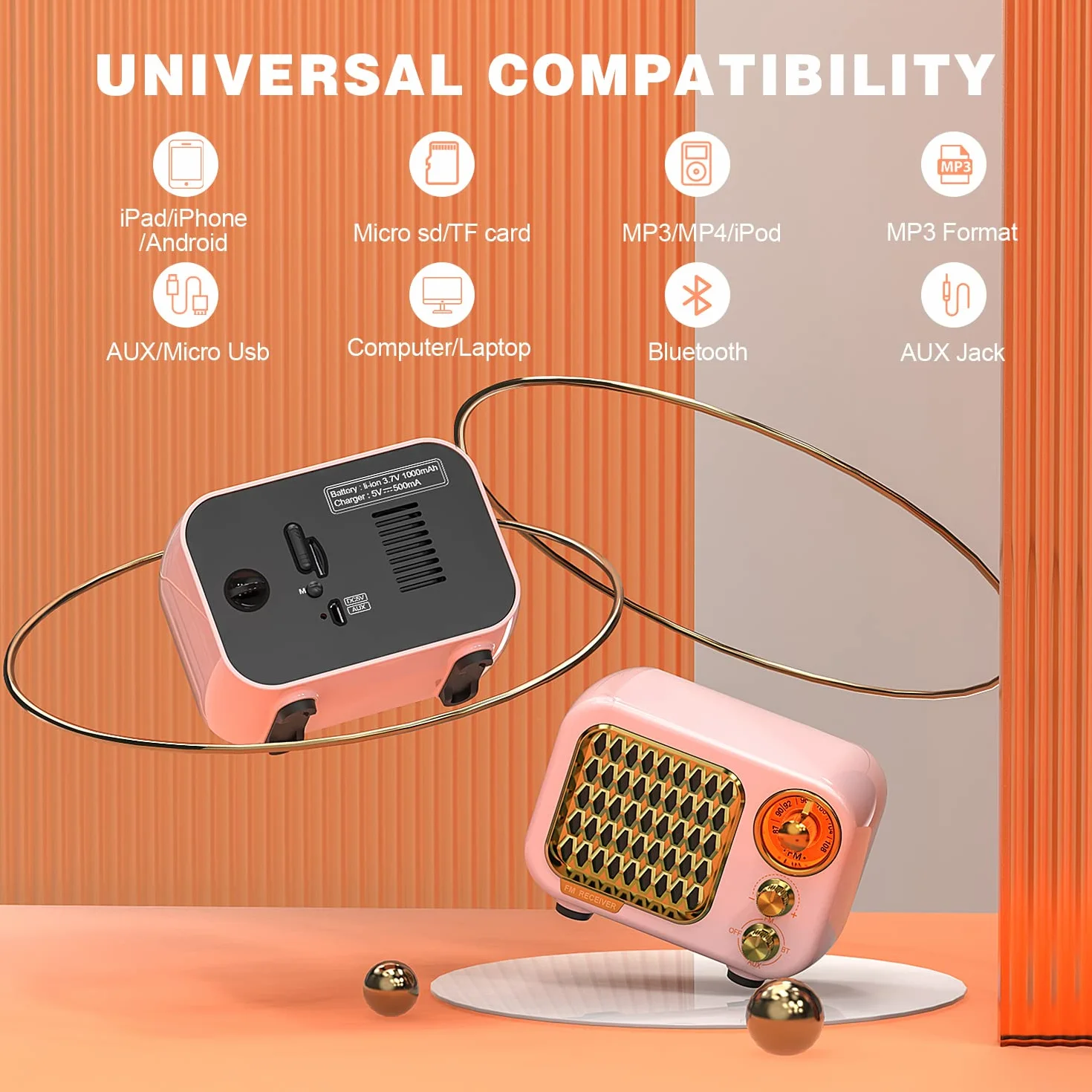 Tendak Radio Vintage FM Portatile Bluetooth 5.1 Retro Altoparlante Hi-Fi Batteria Ricaricabile 1000 mAh TF Card AUX USB MP3