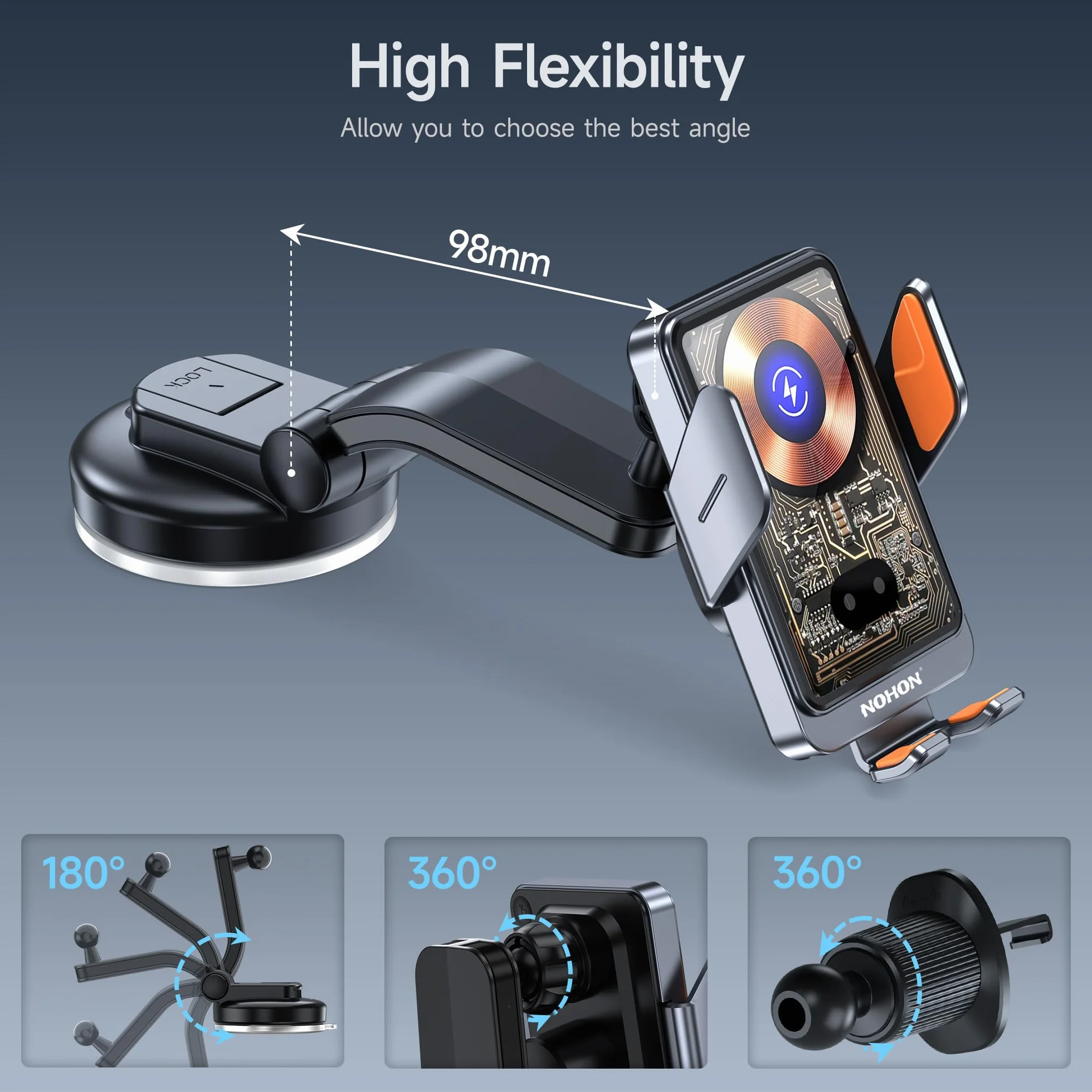 NOHON 15W Qi Caricatore Wireless Auto：Supporto Telefono Auto con Clip Ventosa per iPhone 17 16 15 14 13 12,Samsung,Xiaomi,360° Rotazione Auto-Bloccaggio Porta Cellulare Ricarica Wireless Auto