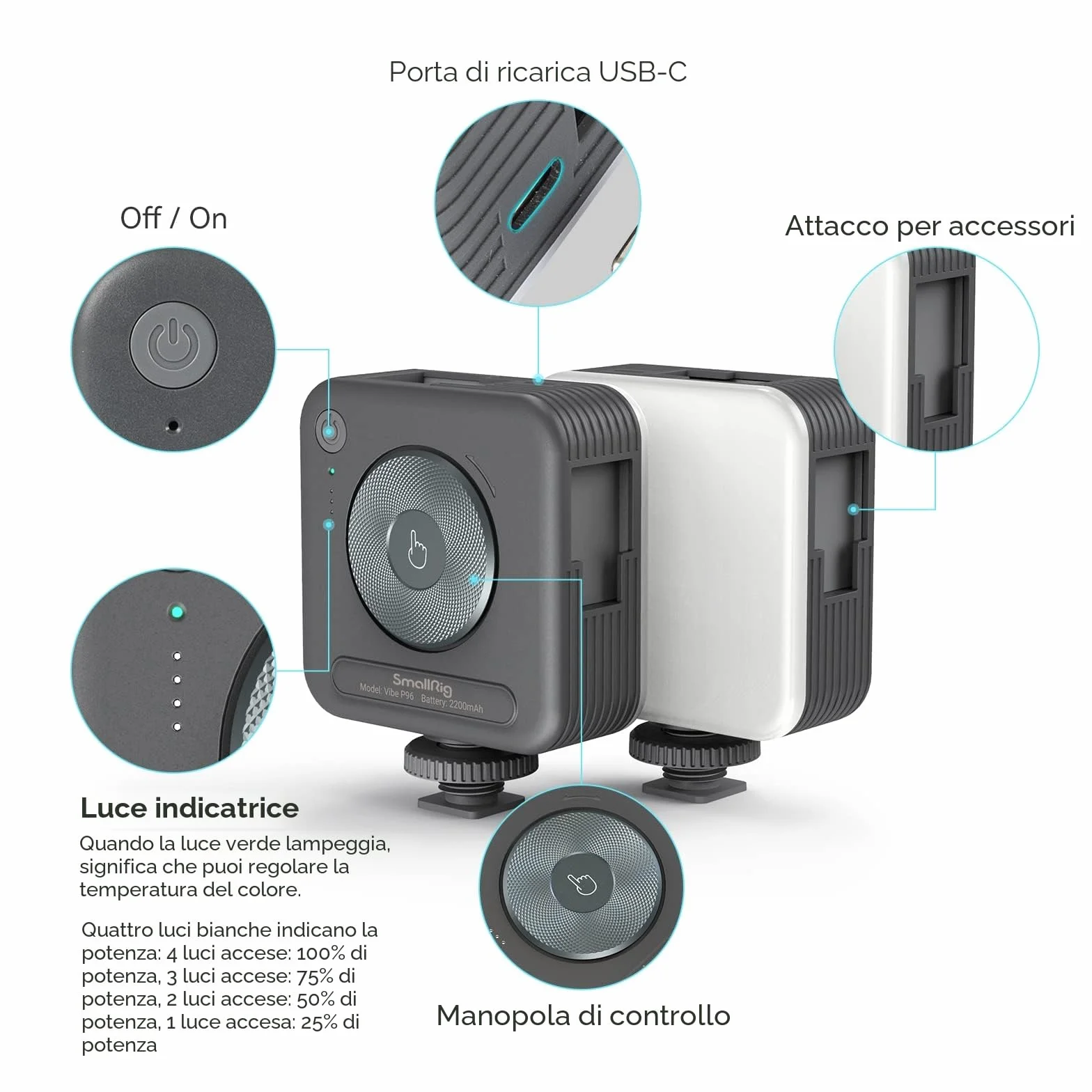 SMALLRIG Luce Video RGB, 96 LED per Fotocamera, Portatile, Illuminazione Fotografica con 3 Cold Shoe, 2200 mAh, Ricaricabile CRI 95+ 2700-6500 K, Pannello Dimmerabile - 3286B