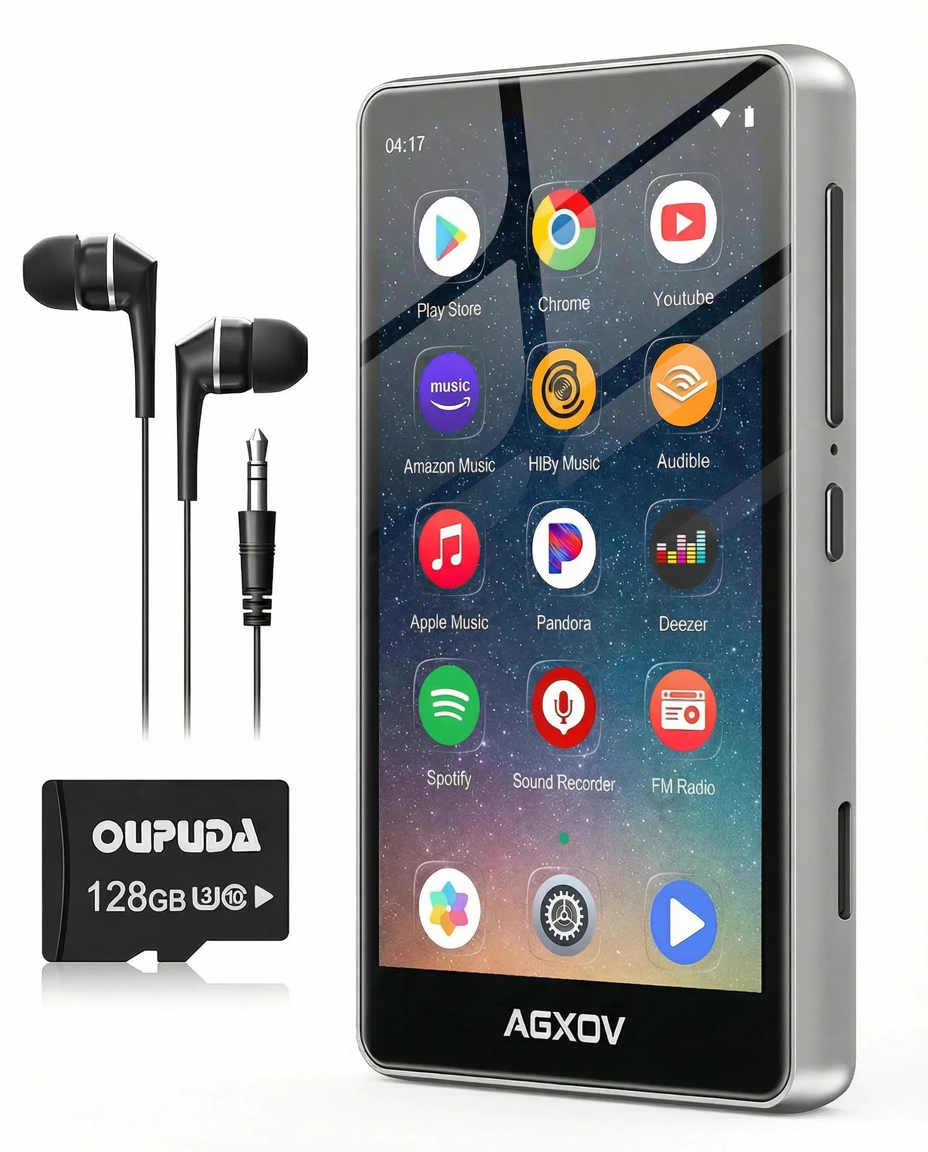 Lettore MP3 Spotify da 144 GB con Bluetooth e WiFi, AGXOV MP4 Lettore Musicale con Schermo Touchscreen da 4,02 Pollici, MP3 Android Portatile con Audible, Deezer, Play Store, Argento