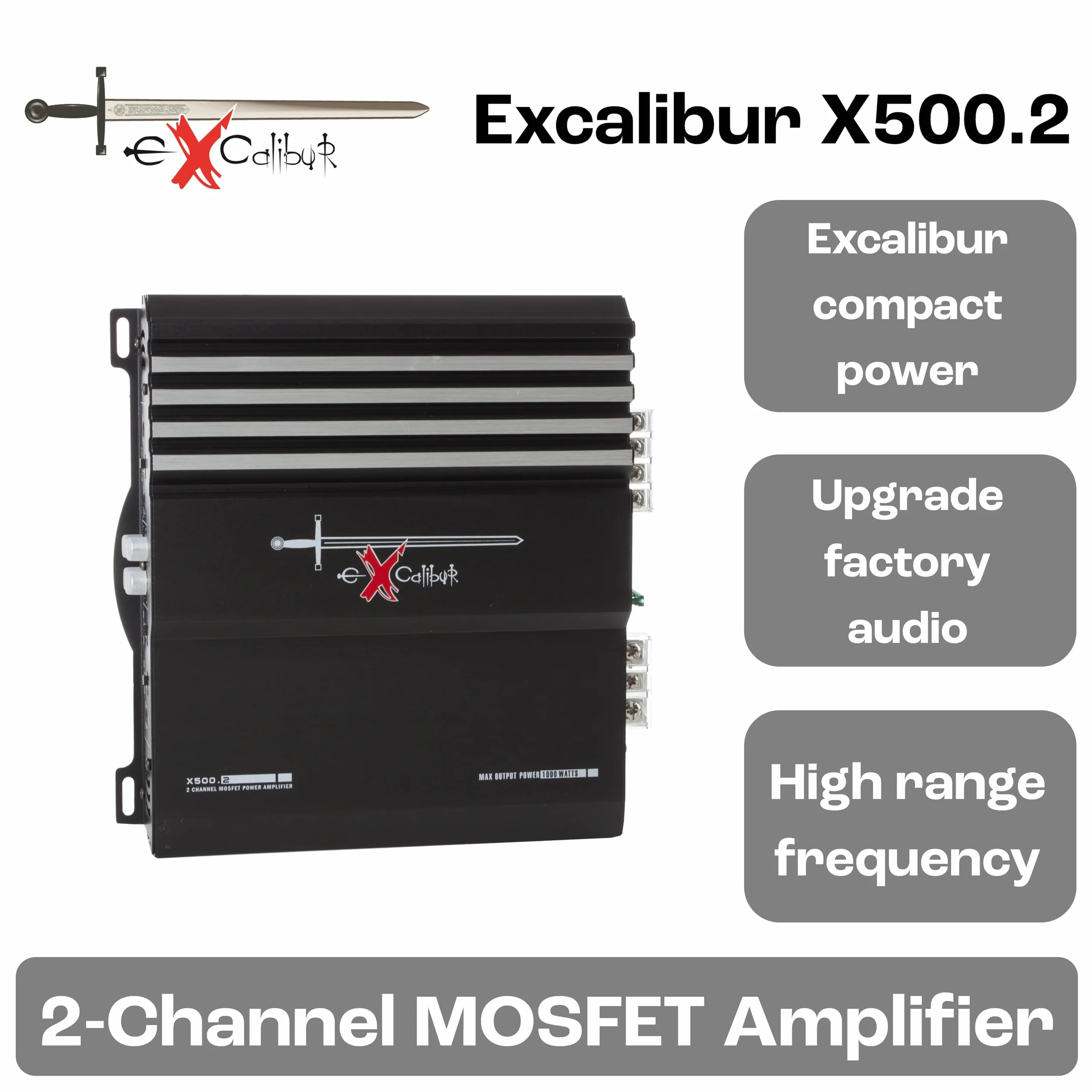 Excalibur X500.2 - Amplificatore Auto 2 Canali Hifi Stereo - 2x 500 Watt Mosfet Amplificatore audio con Bass Boost - 1000 Watt Massimo - Crossover variabile 2 Ohm