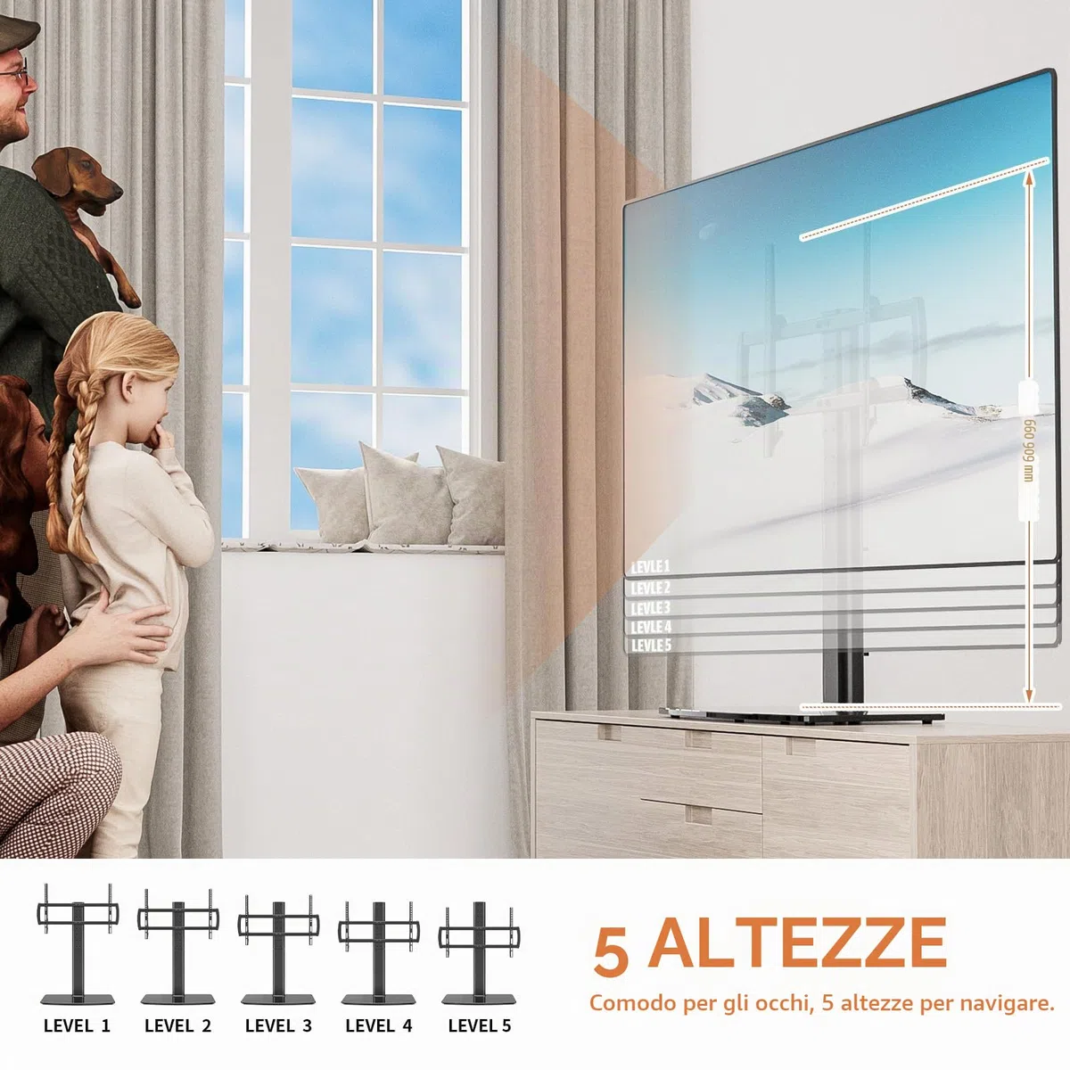 Hemudu Supporto TV da Tavolo, Piedistallo TV Universale per 40 a 86 pollici, Staffa TV Regolabile in Altezza a 5 livelli, Base in Vetro Temperato ad Alta Resistenza, MAX 60 kg, VESA Massimo 600x400 mm