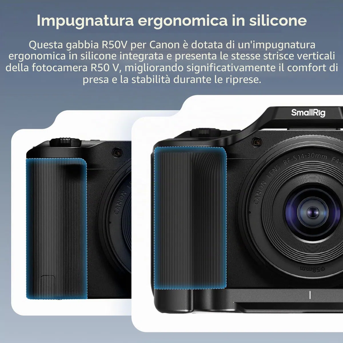 SMALLRIG Gabbia per fotocamera R50 V per Canon R50 V, impugnatura ergonomica in silicone, piastra a sgancio rapido per arca, foro filettato da 1/4"-20, fori da 3/8"-16 per ARRI, flash (nero) - 5427