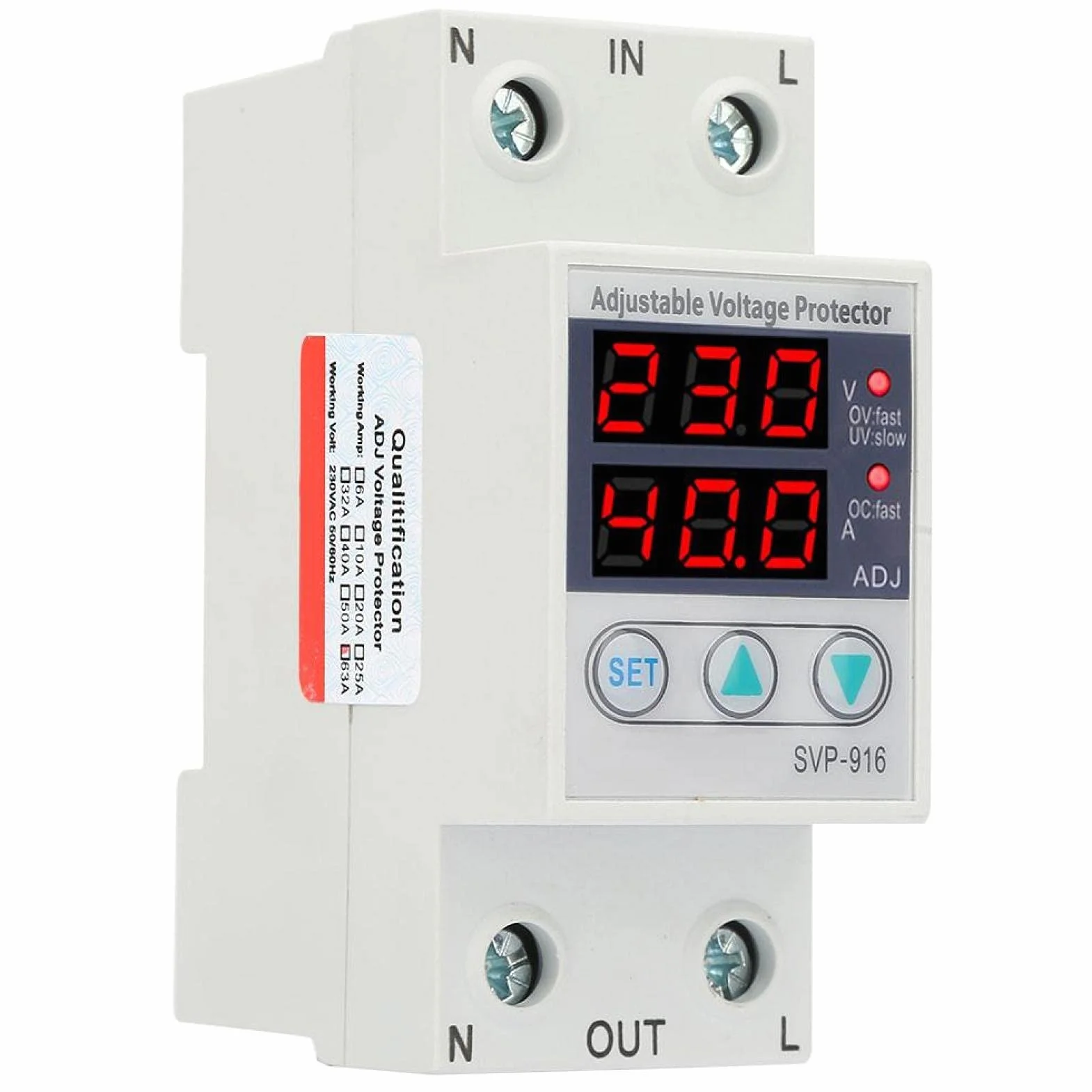 Protettore di Sovratensione Monofase 230VAC con Display LCD, Guida DIN 63A