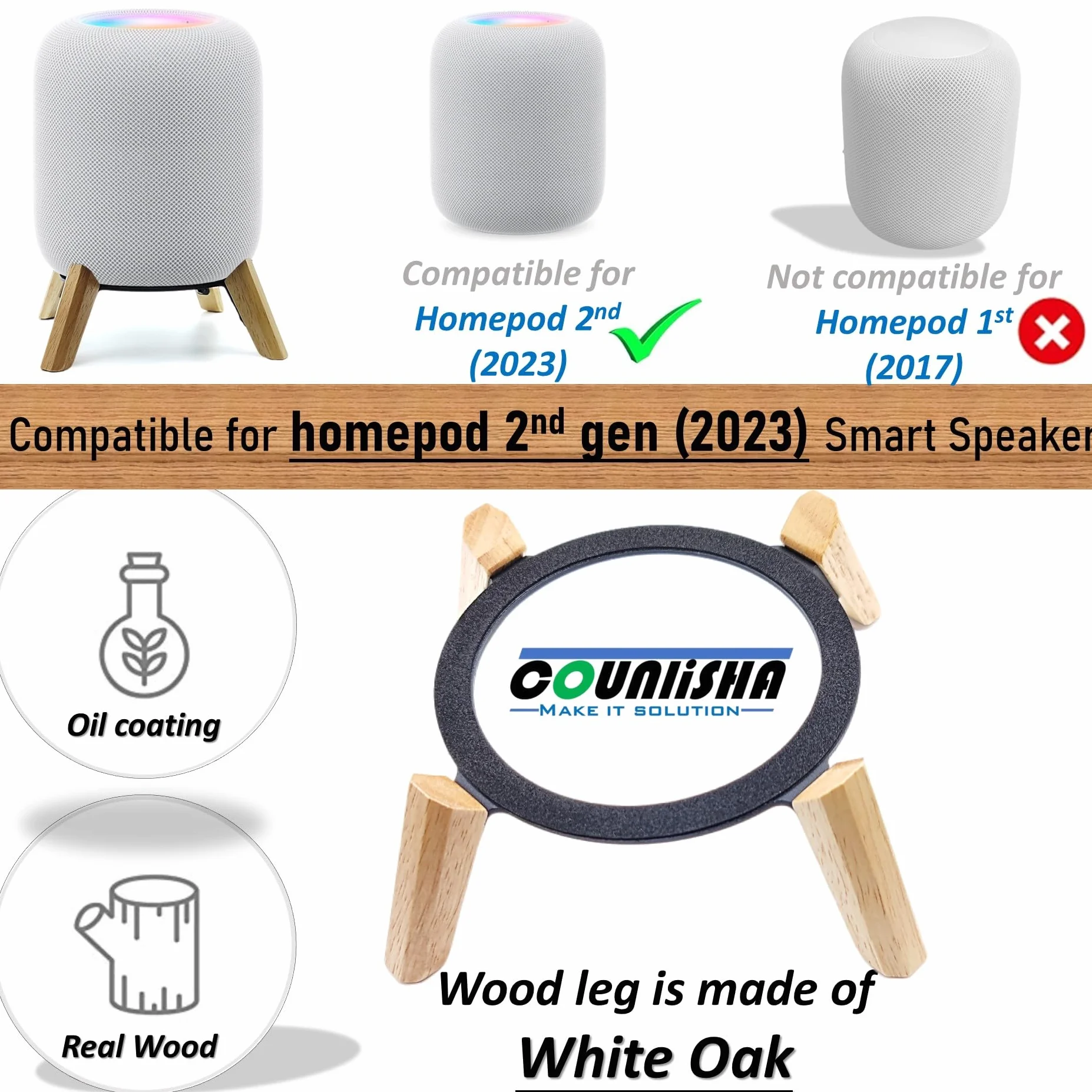 Real Wood Stand for HomePod 2nd Gen, Tripod Mount Holder White Oak