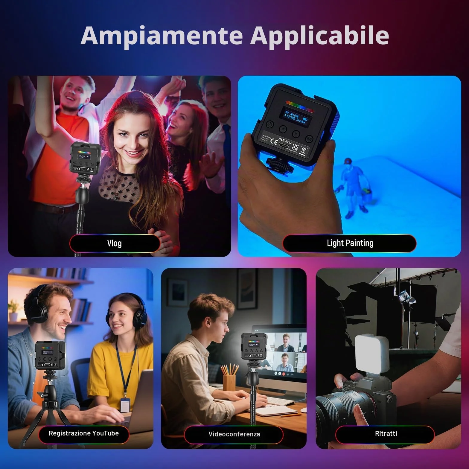 NEEWER Luce Fotocamera RGB Magnetica, Piccolo Pannello Video LED RGB61 a Colori 360° con 3 Cold Shoe, CRI 97+, 20 Modalità Scena, 2500K-8500K, 2000mAh, Illuminazione Selfie Portatile per Foto Video