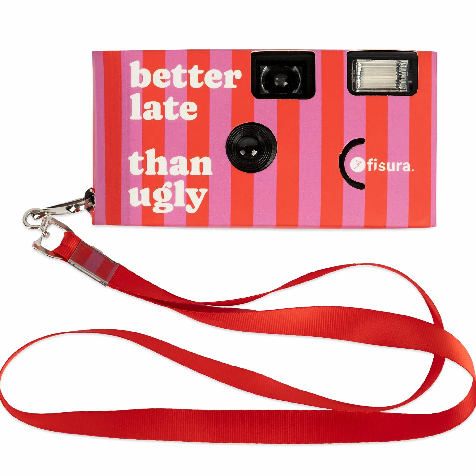 Fisura – Fotocamera usa e getta originale "better late". Fotocamera monouso con flash. 17 scatti in bianco e nero. Gancio incluso. Perfetta per matrimoni o feste.