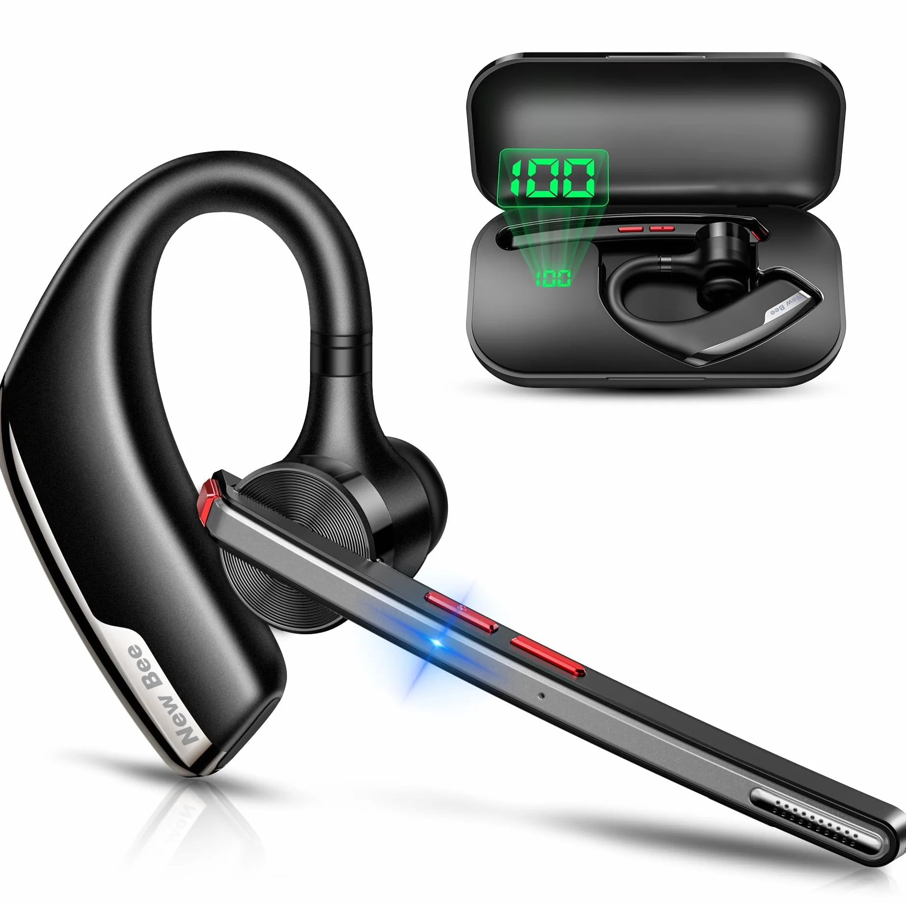 New Bee Auricolare Bluetooth Singolo V5.2 Auricolare Bluetooth con CVC8.0 e ENC Doppio Microfono con Custodia di LED Ricarica per Ufficio, Lavoro, Guida