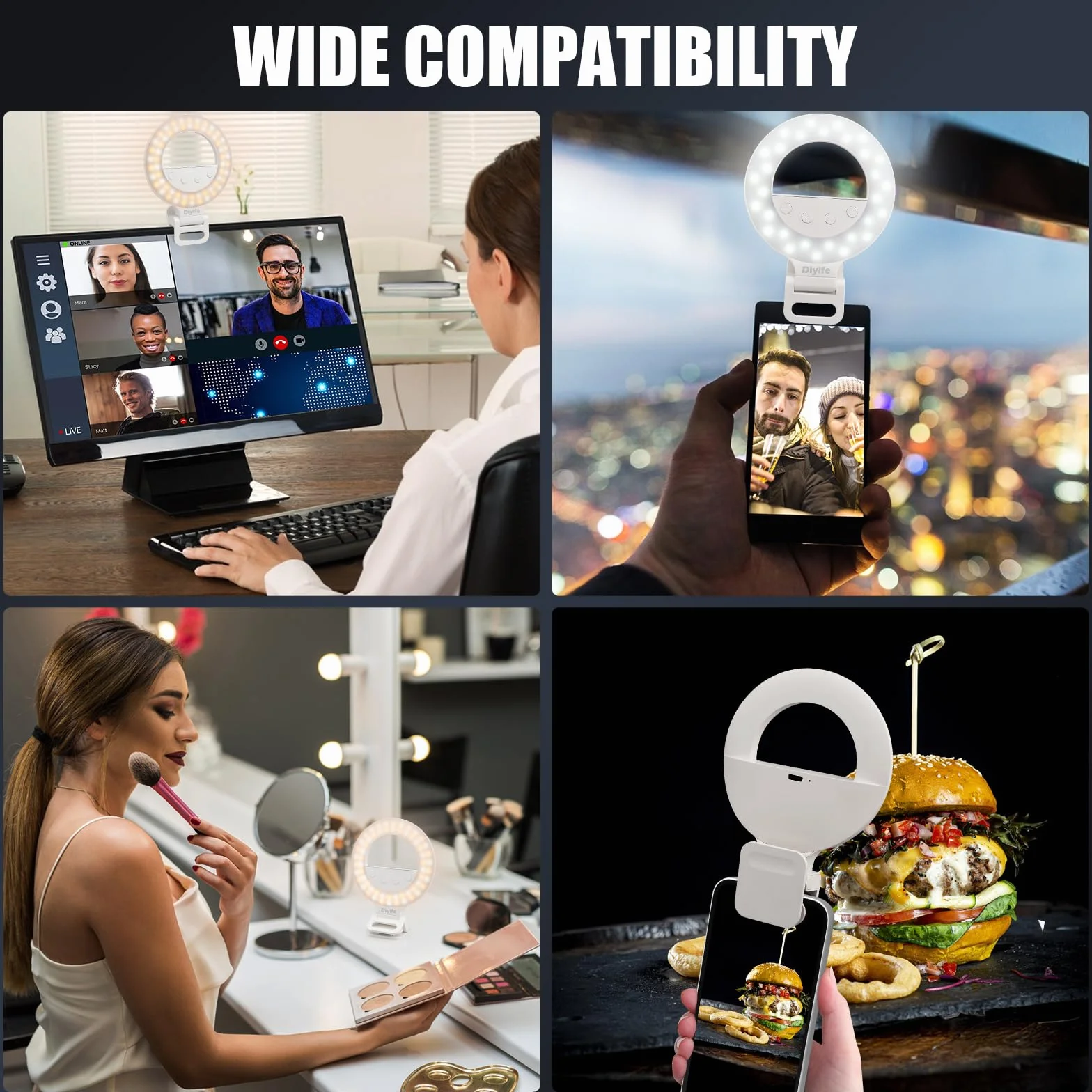 Selfie Ring Light, [1000mAh-Batteria A Lunga Durata]] Diyife Ring Light Telefono, 60 LED 360° Regolabile Clip Luce per Selfie, 10 Livelli di Luminosità, 3 Colori per Tiktok, Live Stream, Trucco