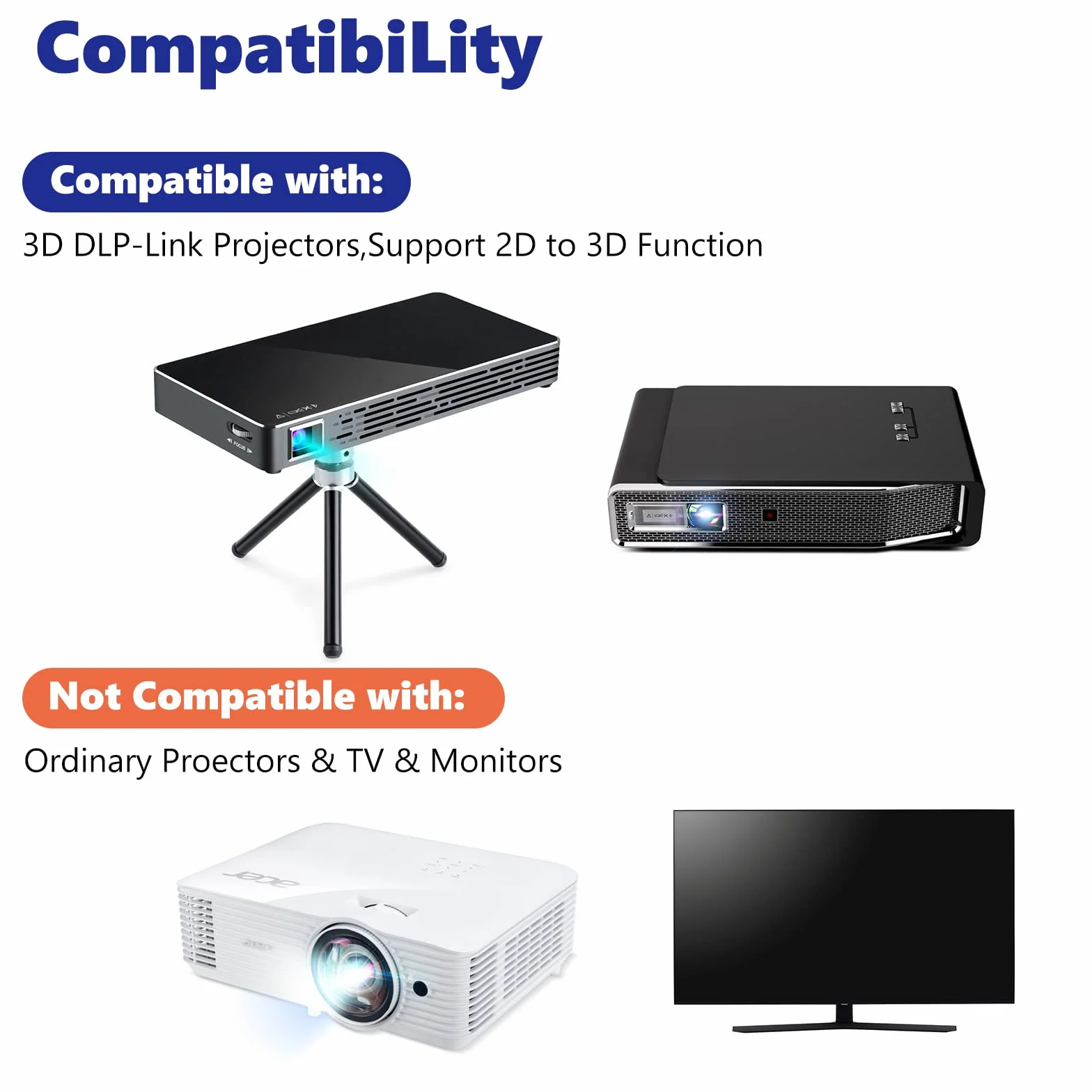 Occhiali 3D, Universal DLP Active Shutter Occhiali 3D 96-144Hz per Optoma BenQ Acer Viewsonic XGIMI Proiettore 3DTV, Batteria 3.7V 80mAH