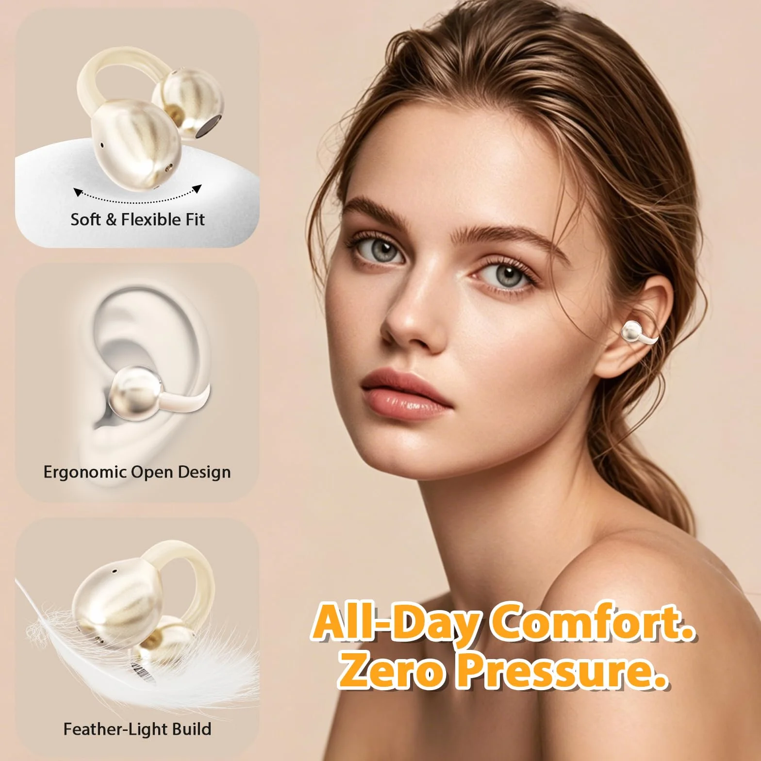 PTHTECHUS Cuffie Conduzione Ossea, Cuffia Aperte Auricolari a Clip Auricolari Bluetooth Sport Clip Aperta Cuffie In-Ear Wireless, Compatibile iOS/Android, 60 ore di Riproduzione, M91 (Oro)