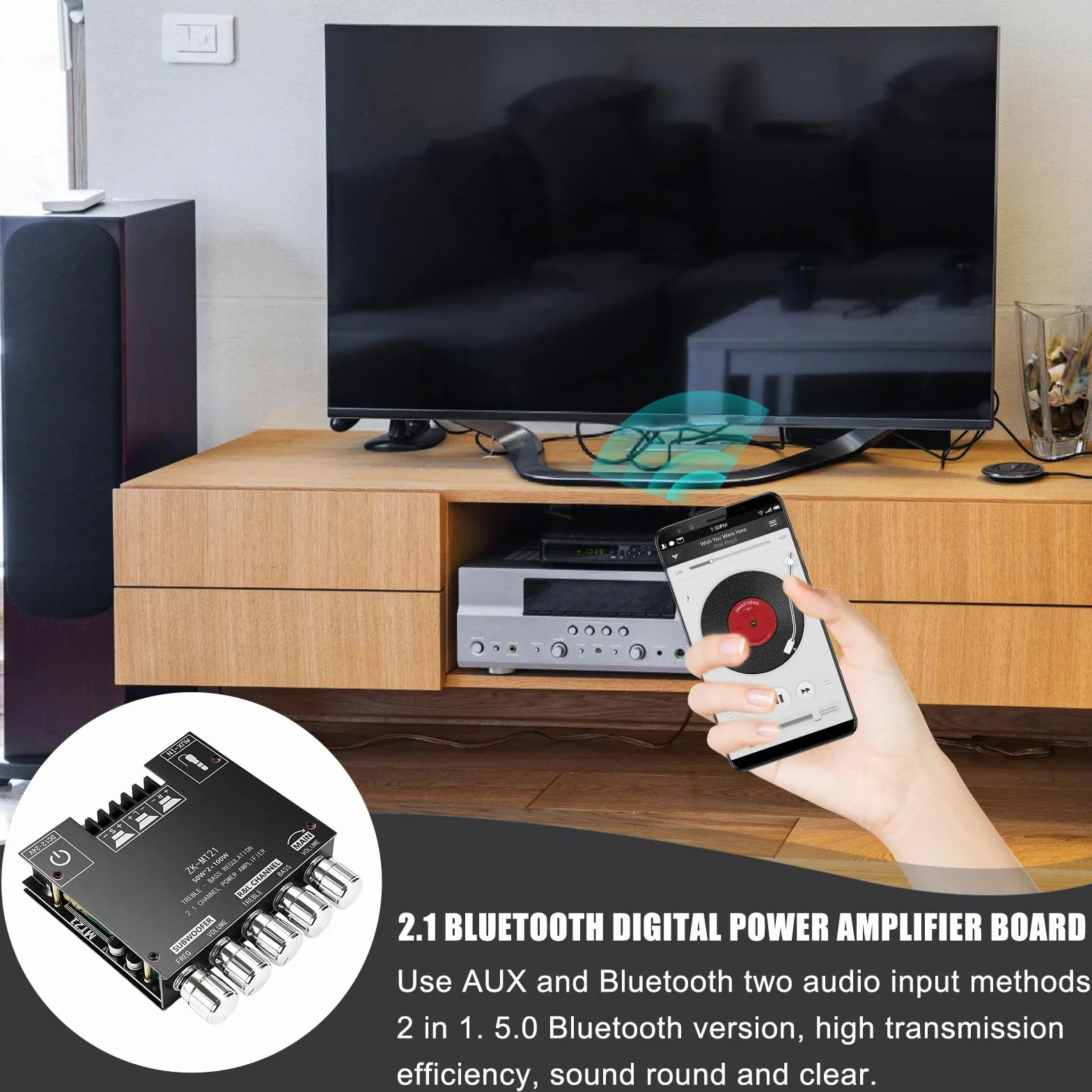 Amplificatore audio HiFi: 2 x 50 W + 100 W subwoofer 2.1 canali, amplificatore scheda con Bluetooth alti e controllo dei bassi, ingressi Bluetooth e AUX, DC 12-24 V per altoparlanti passivi