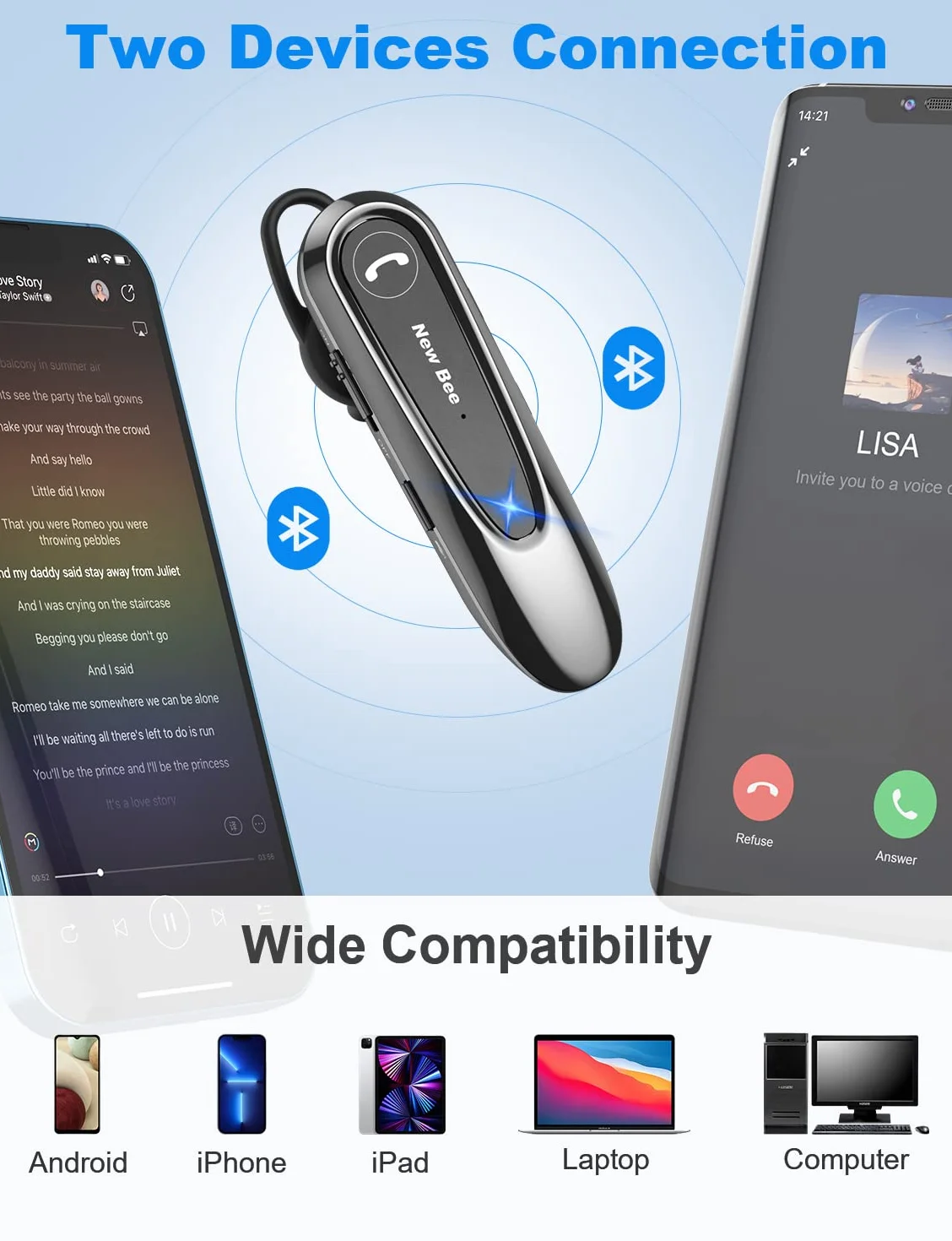 New Bee Auricolare Bluetooth Singolo con Doppio Microfono V5.0 Auricolari Bluetooth con 20 Ore Di conversazione, Microfono Muto, Connessione a due Dispositivi per iPhone, Android e Laptop