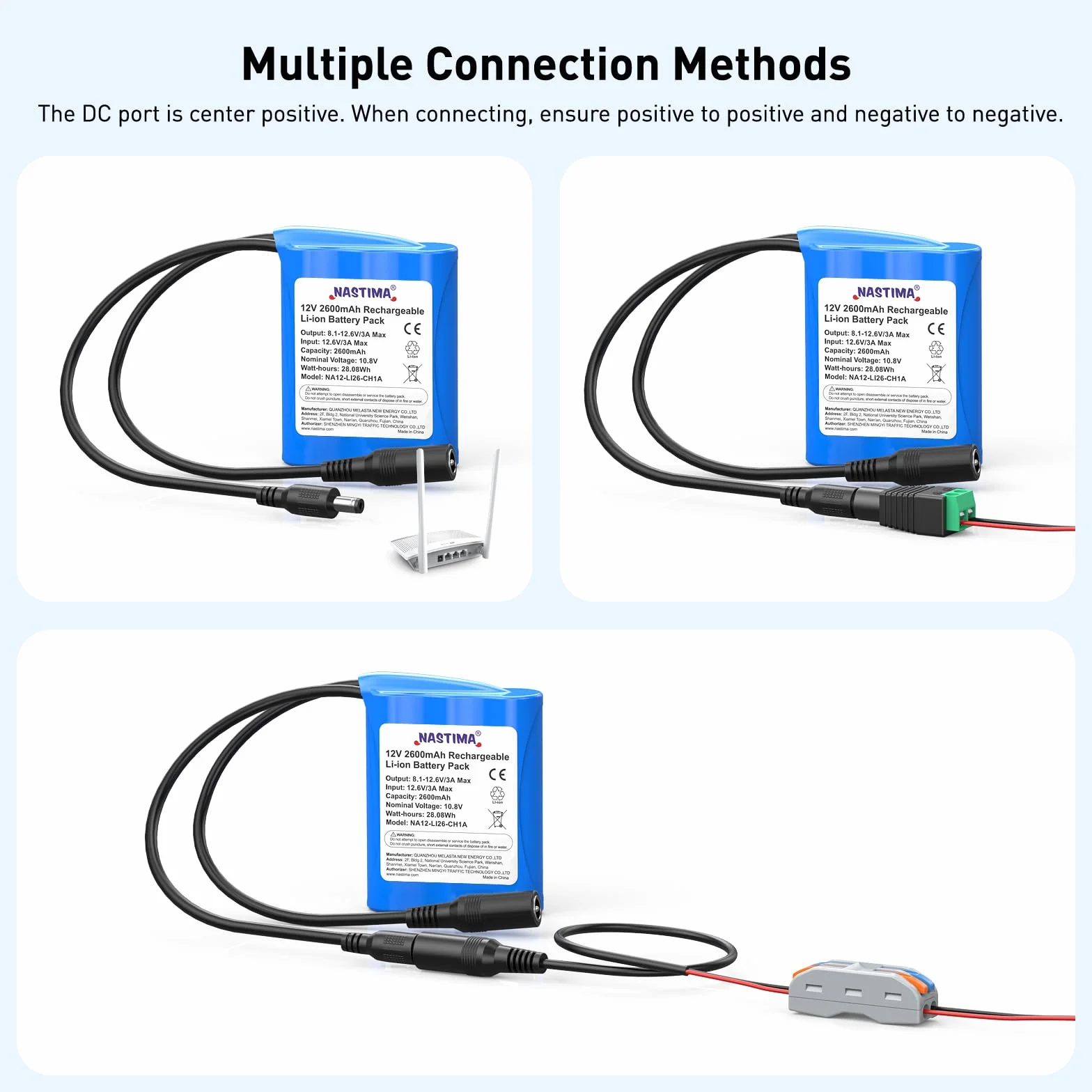 NASTIMA 2600mAh 28,08Wh 12V Batterie Lithium-Ion Rechargeable Adaptée aux Appareils Photo, Caméscopes, Lecteurs MP3, Claviers Électroniques, Routeur, Radio, etc. Chargeur et Connecteur Inclus