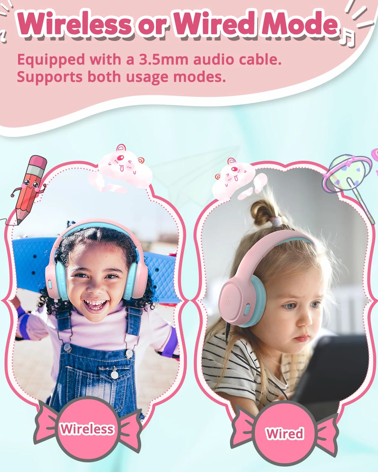 Tronsmart KH02 Cuffie Bluetooth 5.3 per bambini, Limite volume 74/85/93 dB, 45 Ore di Riproduzione, Cavo Audio integrato, Cuffie Wireless Pieghevoli con Microfono per Scuola, Viaggio, Aereo - Rosa