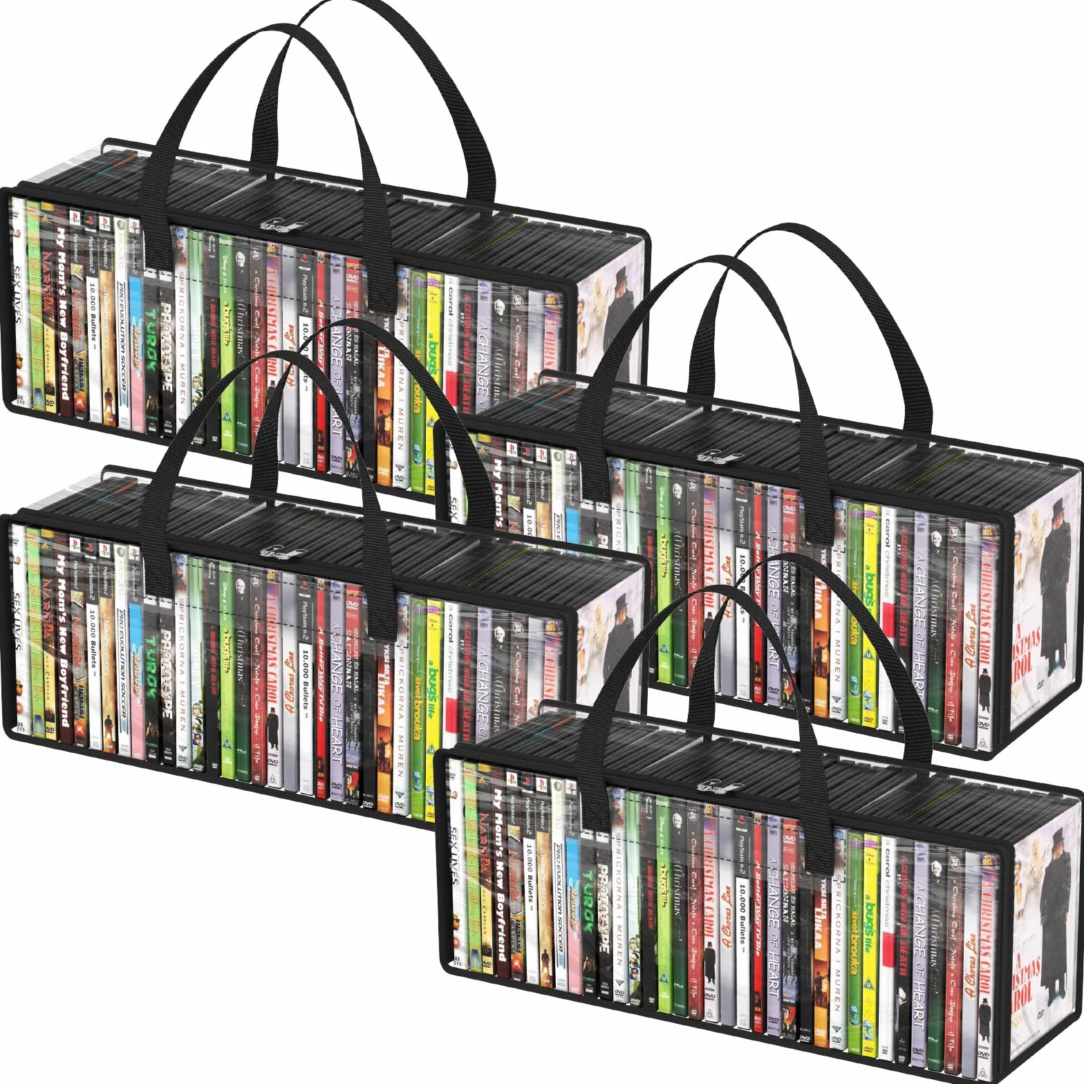 Lifewit Borse Porta DVD, Organizzatore Trasparente in PVC per Custodie Blu-ray e Film, Contenitore per Media e Videocassette VHS con Manici, Capacità 140 DVD (35 per Borsa), 4 Pezzi