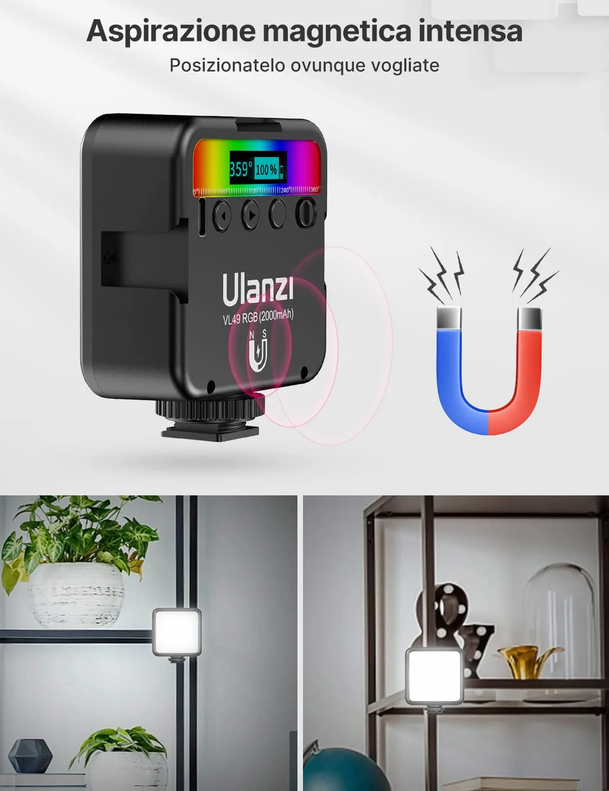 Luce Video RGB Led, ULANZI VL49 Faretto Led Dimmerabile 2500K-9500K Temperatura di Colore con Batteria Integrata, Luci Video illuminazione Pannello con LCD Display per Fotocamera Fotografia